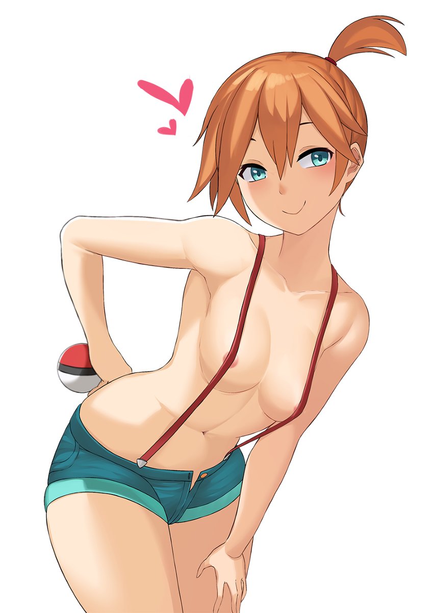 1girls aori_sora blush female female_only green_eyes heart kasumi_(pokemon) legs orange_hair pokeball pokemon pokemon_rgby red_hair shorts smile solo suspenders