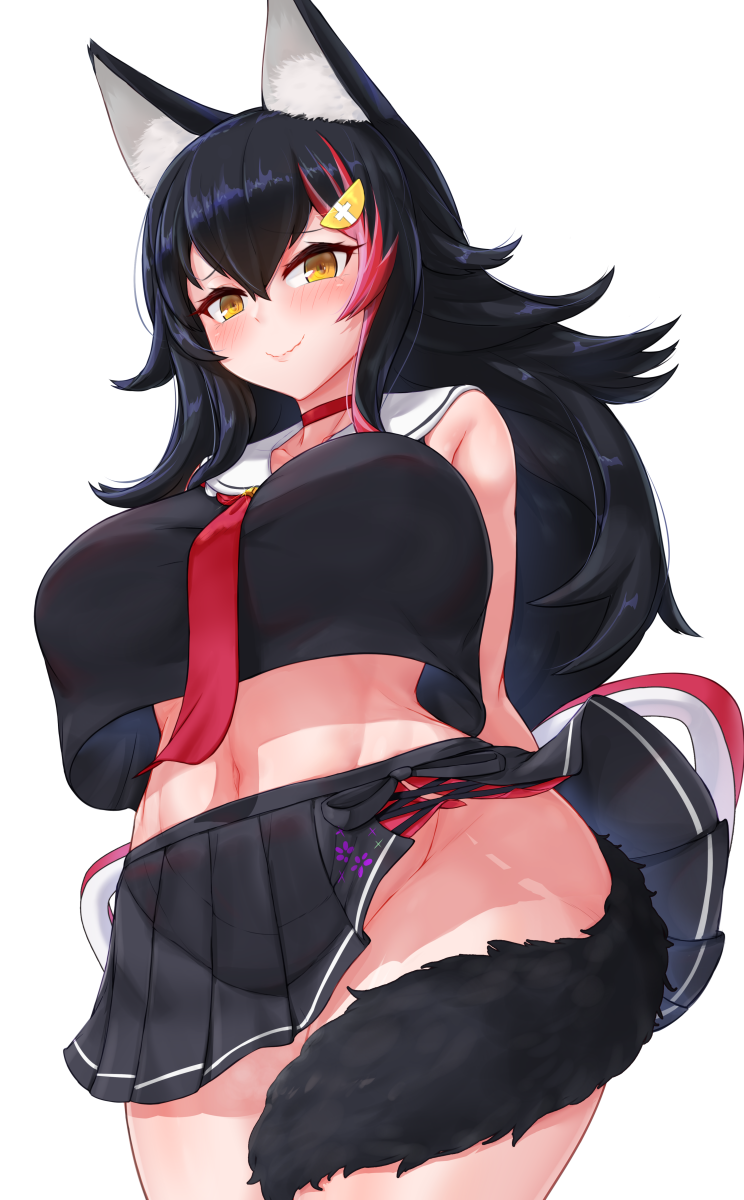 1girls, animal ear fluff, animal ears, belly button, black hair, blush, breasts, clothed, crop top, crop top overhang, female, female only, hololive, hololive gamers, hololive japan, hourglass figure, jefflink, kemonomimi, large breasts, looking at viewer, midriff, multicolored hair, navel, no panties, ookami mio, red hair, skirt, solo, solo female, streaked hair, tail, tail around leg, virtual youtuber, wide hips, wolf ears, wolf girl, wolf tail, yellow eyes