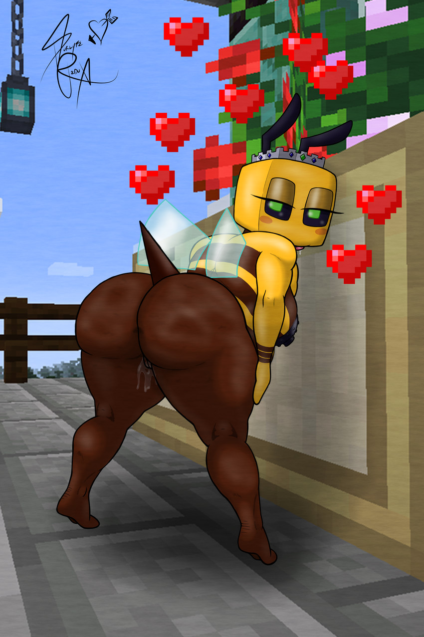 absurd_res antennae anthro areola arthropod ass bee bee_(minecraft) bent_over big_areola big_butt blush bodily_fluids butt_focus cellulite crown female furlyfe_redux genital_fluids genitals green_eyes heart hi_res huge_areolae huge_butt huge_filesize looking_back minecraft outside presenting pussy pussy_juice shortstack solo solo_focus stinger_(anatomy) thick_thighs tongue_out video_games wings