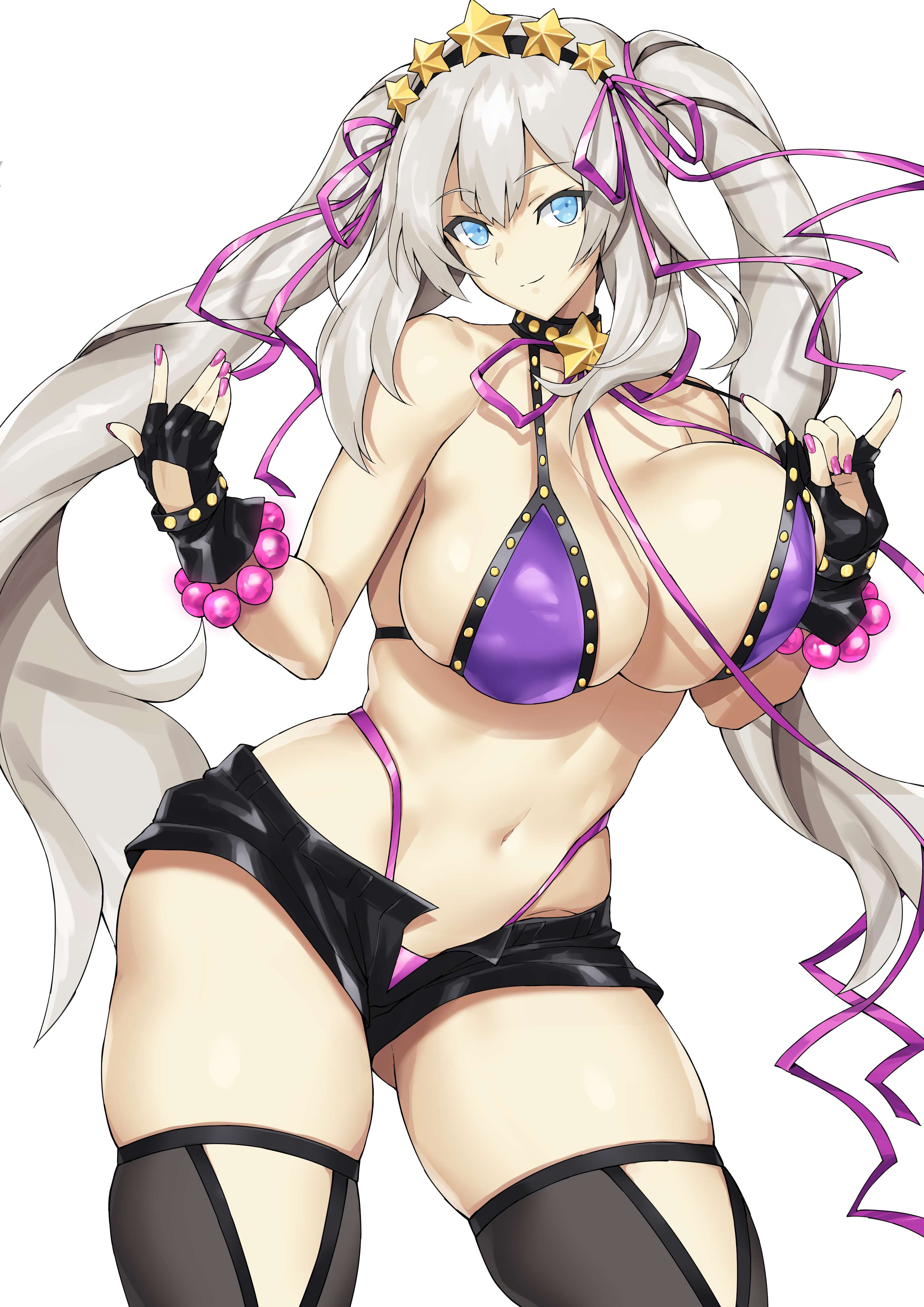 1girls, bb (fate), bb (swimsuit mooncancer), bikini, bikini top, blue eyes, bnc (bunshi), breasts, choker, cosplay, curvy, fate (series), fate/grand order, female, hair ribbon, huge breasts, large breasts, looking at viewer, marie antoinette (fate), shorts, silver hair, thick thighs, thighhighs, twintails