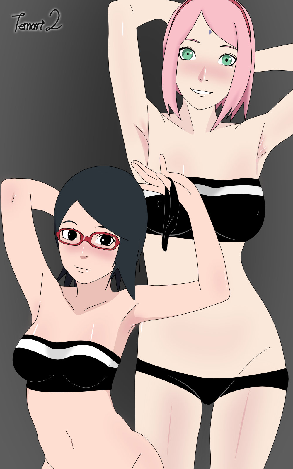 2girls, age difference, armpits, arms up, black eyes, black hair, blush, boruto: naruto next generations, breasts, cameltoe, convenient censoring, daughter, facial mark, female, female only, forehead mark, green eyes, hairband, holding underwear, larger female, looking at viewer, midriff, milf, mother, mother and daughter, naruto, naruto (series), nipples, older female, panties, panties removed, pink hair, posing, pussy, sakura haruno, sarada uchiha, size difference, smaller female, smile, strapless, teasing, temari2, tube, tubetop, younger female