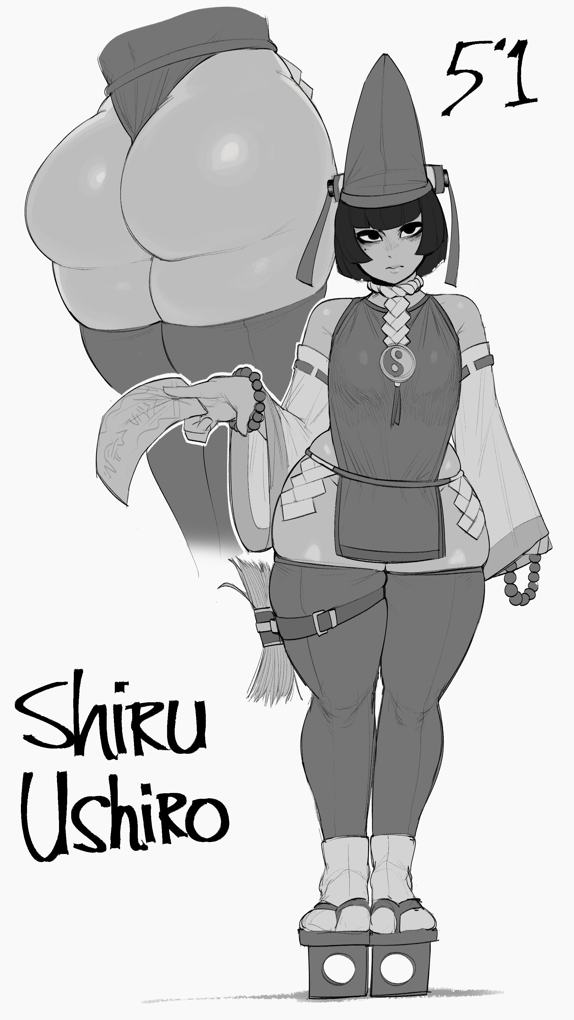 1girls, 2021, ass, bangs, big ass, black and white clothing, black eyes, black hair, bottom heavy, breasts, clothed, clothing, detached sleeves, female, female only, full body, hat, human, krekk0v, looking at viewer, miko, miko outfit, monochrome, ofuda, short hair, skindentation, small breasts, solo, standing, talisman, thick ass, thick thighs, thighhighs, ushiro shiru (mwarz18), very high resolution, white background, wide hips, yin yang, ying yang symbol
