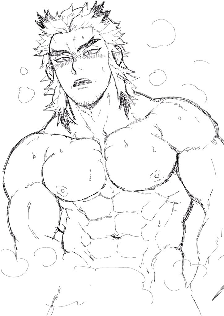 1boy, abs, bara, demon slayer, dilf, facial hair, kimetsu no yaiba, long hair, male, male only, monochrome, muscular, muscular male, nipples, nude, pecs, rengoku shinjurou, sketch, solo, upper body, yaoi