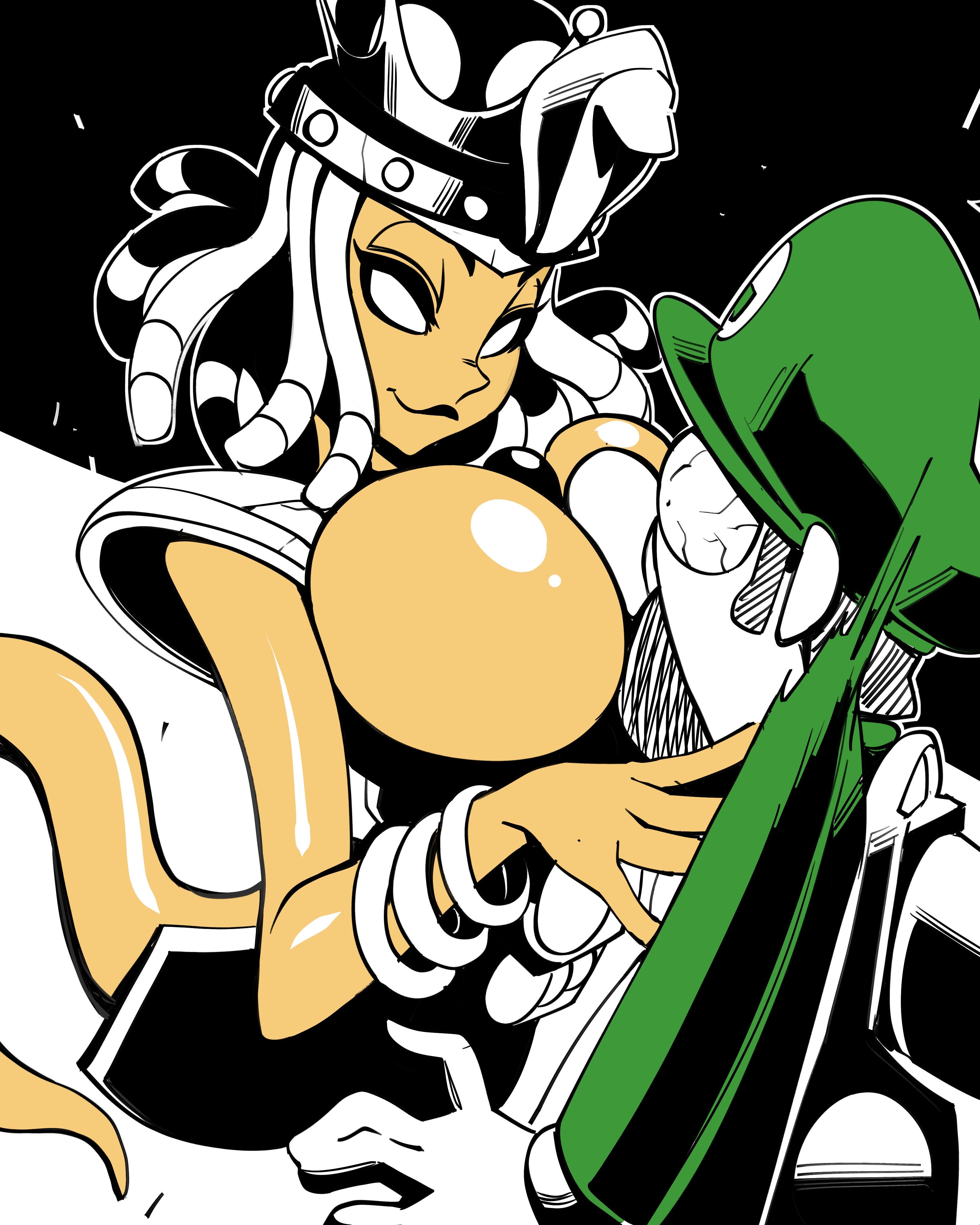 1boy, 1girls, 2019, big breasts, black and white, breasts, cap, face between breasts, female, ghost, ghost girl, green shirt, huge breasts, human, human male, humanoid, luigi, luigi's mansion, luigi's mansion 3, male, male human/female humanoid, mario (series), nintendo, nisego, orange skin, serpci, super crown