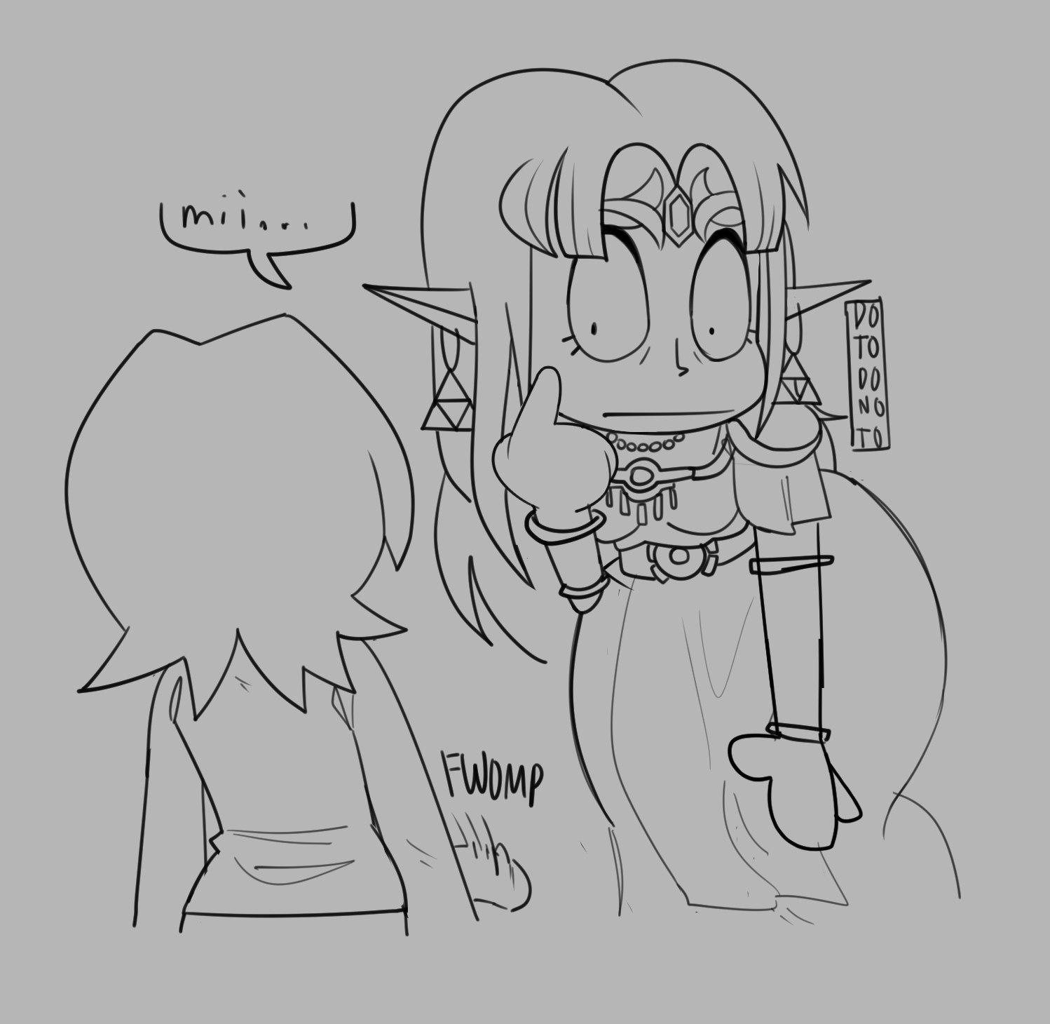 1futa, 1girls, ass, ass in dress, big ass, big penis, clothing, dotodonoto, english text, female, futa on female, futanari, imminent sex, intersex, mii, mii gunner, mii gunner (smash 4), monochrome, nintendo, penis, princess zelda, super smash bros., surprised, tagme, the legend of zelda, winking, zelda (a link between worlds)