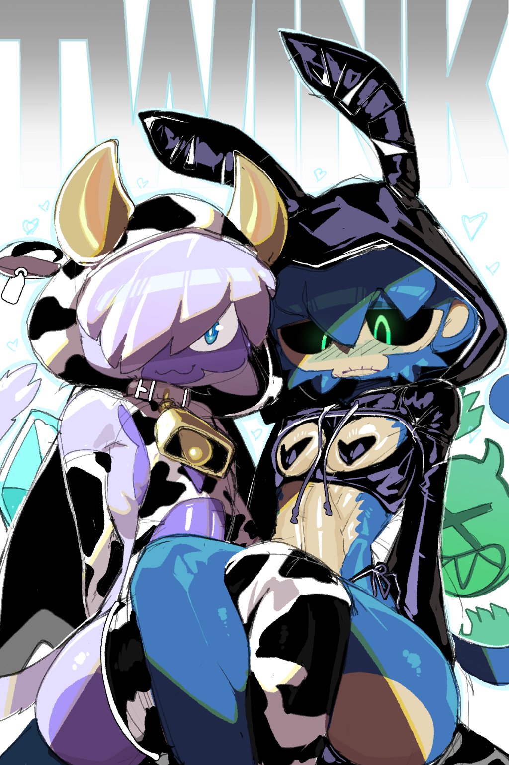 2boys, bloons tower defense, bunnysuit, corvus (bloons tower defense), cow print bikini, femboy, goatboydraws, leglock, silas (btd6)