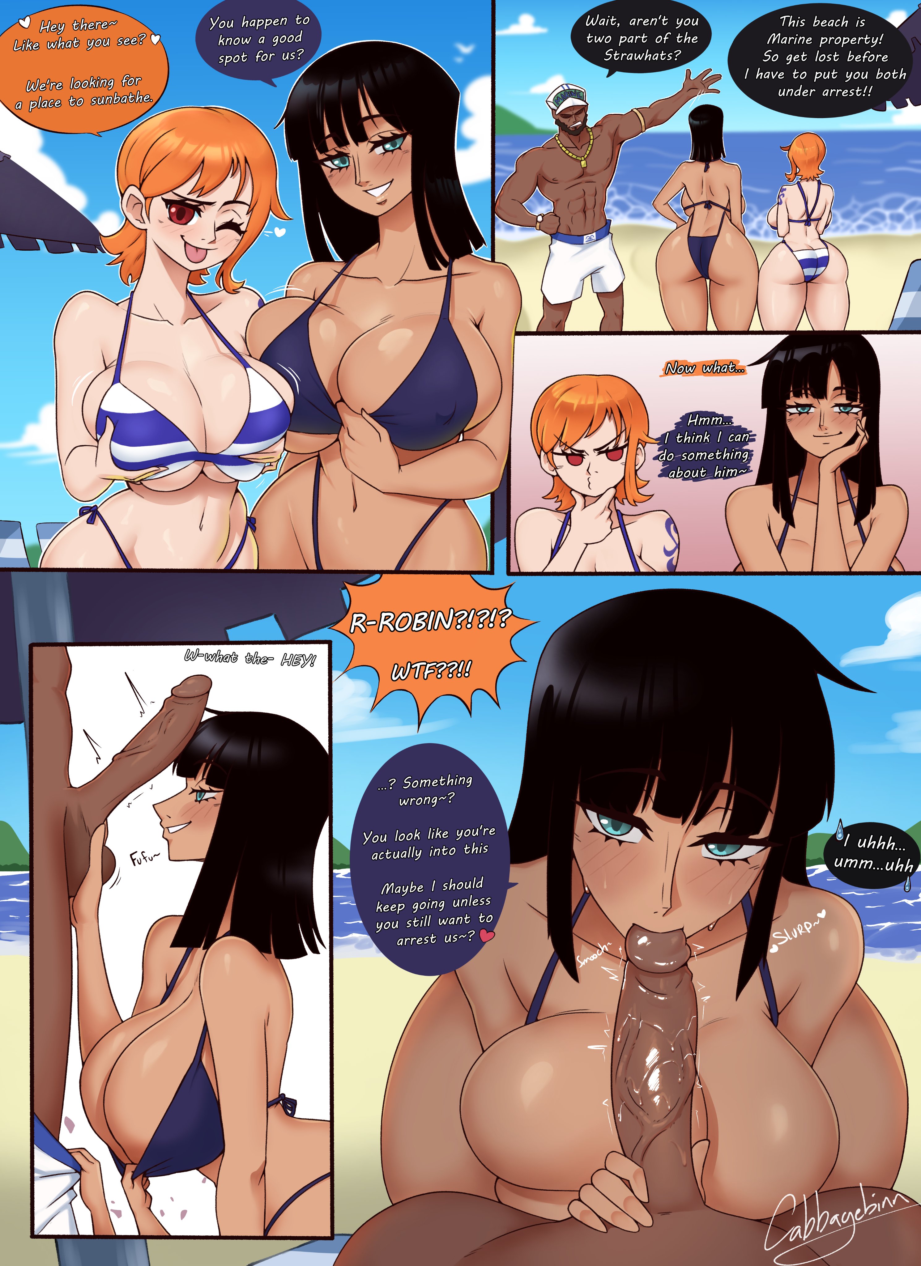 1boy, 2girls, arm tattoo, ass, balls, beach, big ass, big balls, big breasts, big butt, big cock, big hips, big penis, big thighs, bikini, black hair, black-haired female, blue eyes, blue tattoo, breasts, brown eyes, cabbagebinn, caucasian, caucasian female, cock, comic, comic page, couple, couple sex, curvaceous, curvaceous female, curvaceous figure, curvy, curvy body, curvy female, curvy figure, dark-skinned male, english, english dialogue, english text, female, height difference, high quality, high resolution, hips, horse tail, huge ass, huge boobs, huge breasts, huge butt, huge cock, huge hips, huge thighs, long hair, looking at penis, male, massive ass, massive boobs, massive breasts, massive butt, massive hips, massive thighs, muscular, muscular male, nami (one piece), nico robin, one piece, orange hair, orange-haired female, panties, penis, pussy, sexy, sexy female, short hair, tanned, tanned female, tanned skin, tattoo, text, text bubble, thick thighs, thighs, vein, veins, veiny, veiny penis, voluptuous, voluptuous female, wide hips, wide thighs