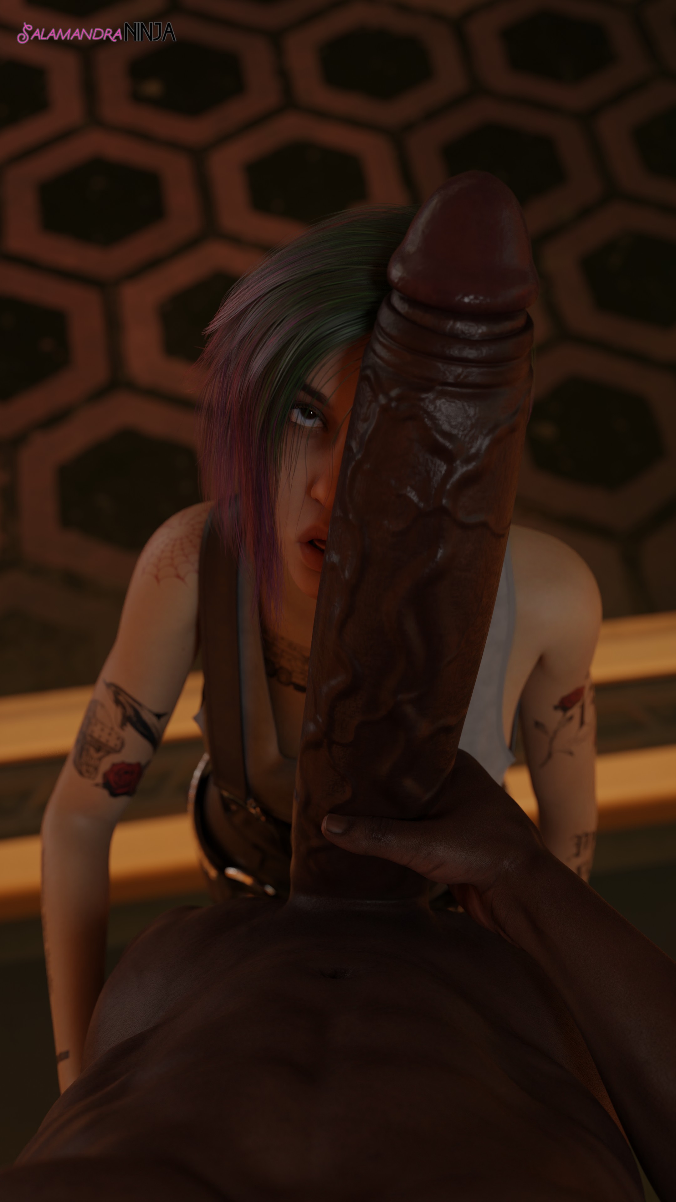 1boy, 1girls, 3d, 3d (artwork), big penis, blender, cd projekt red, cock hungry, cock shock, cyberpunk 2077, dark skin, dark-skinned male, female, gigantic penis, huge cock, imminent oral, interracial, judy alvarez, large penis, long penis, male, oral, penis, penis awe, penis on face, pov, salamandraninja, surprised