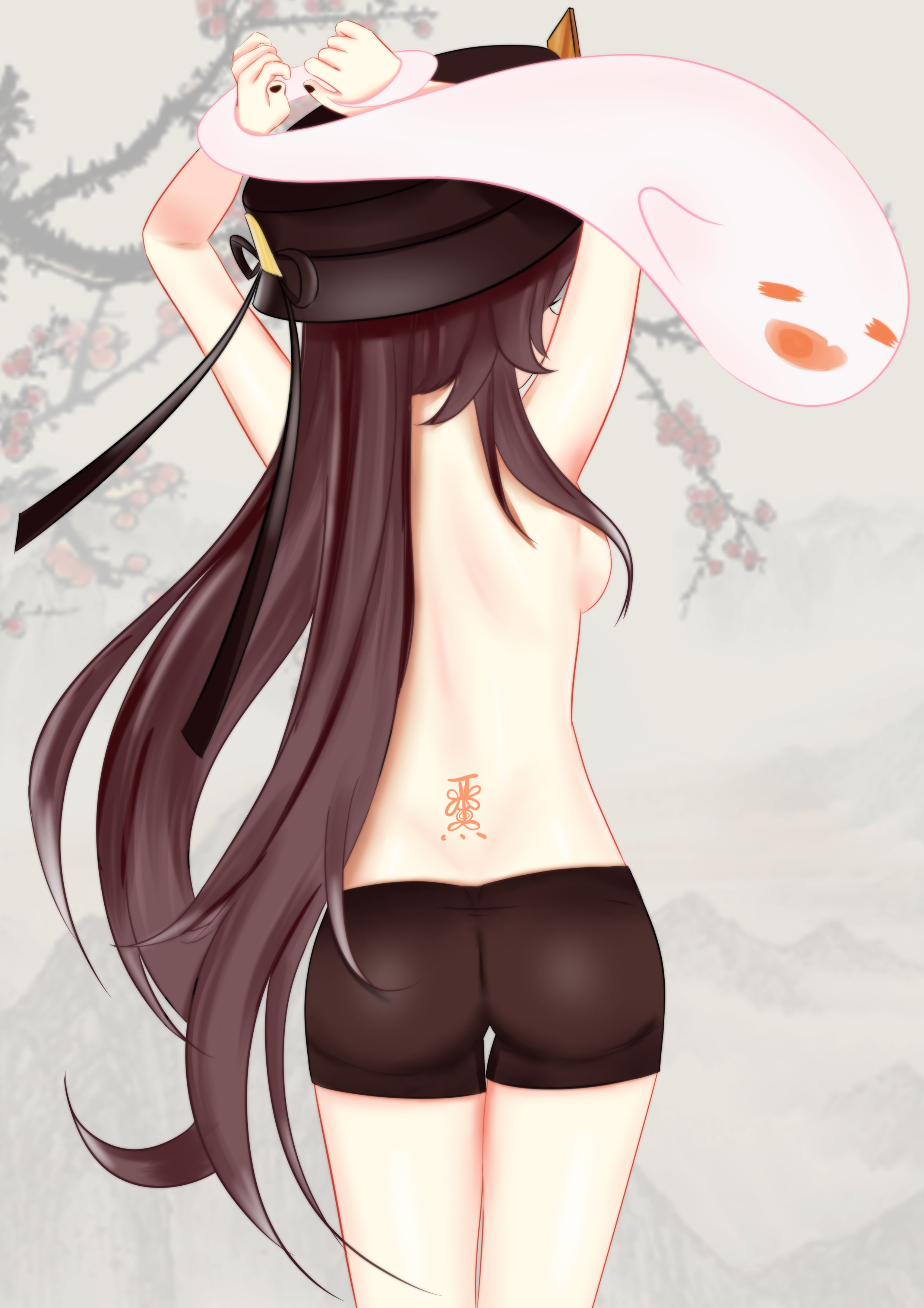 absurdres, arms up, ass, back, back tattoo, black headwear, black shorts, boo tao (genshin impact), breasts, brown hair, female, from behind, genshin impact, ghost, hat, highres, hu tao (genshin impact), long hair, medium breasts, short shorts, shorts, solo, standing, sumleek, tattoo, thighs, topless, twintails, very long hair