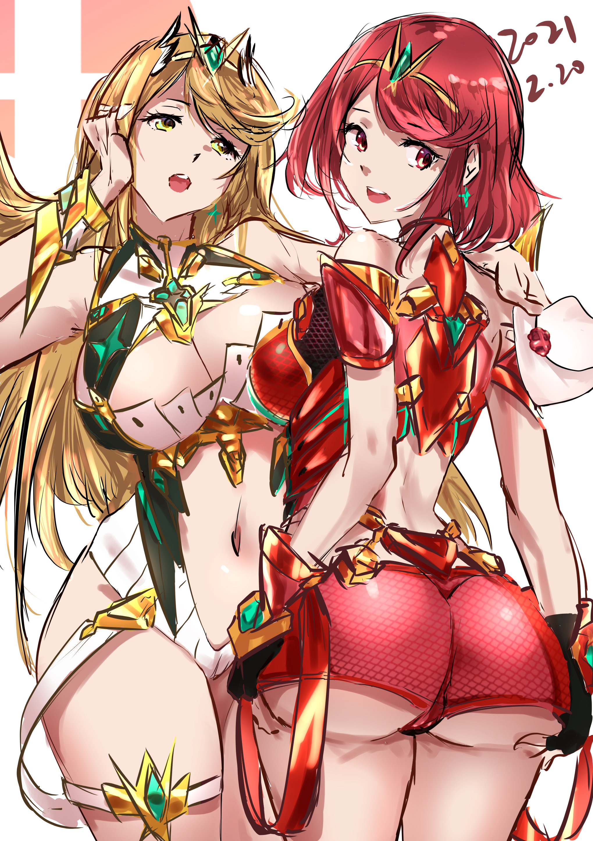2girls, ass, female, invitation, multiple females, multiple girls, mythra, nakagawa kanon (pixiv32798535), pyra, red hair, smash invitation, super smash bros., tagme, xenoblade (series), xenoblade chronicles 2