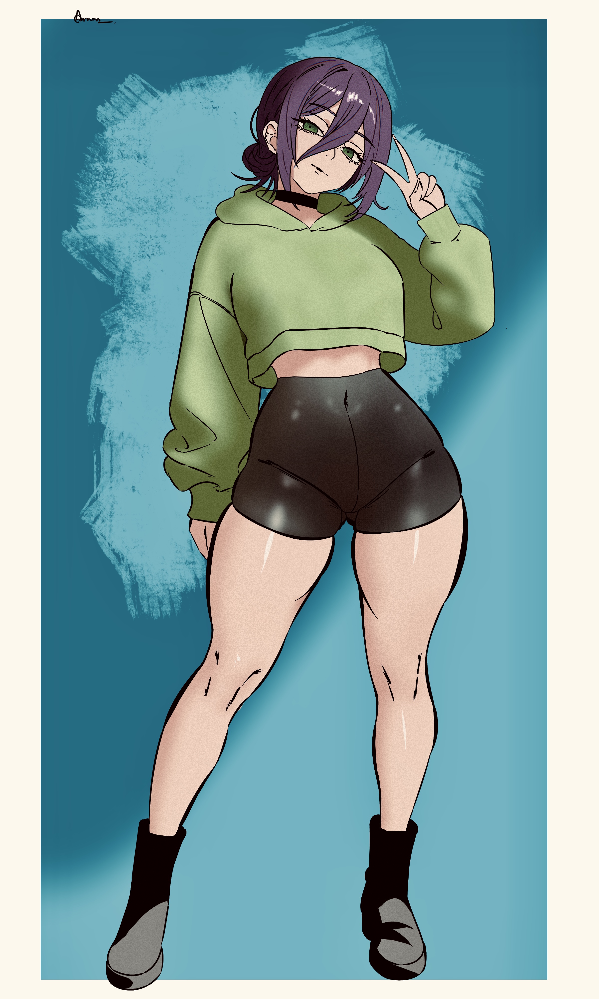 chainsaw man, reze (chainsaw man), solo female, tight pants, v sign