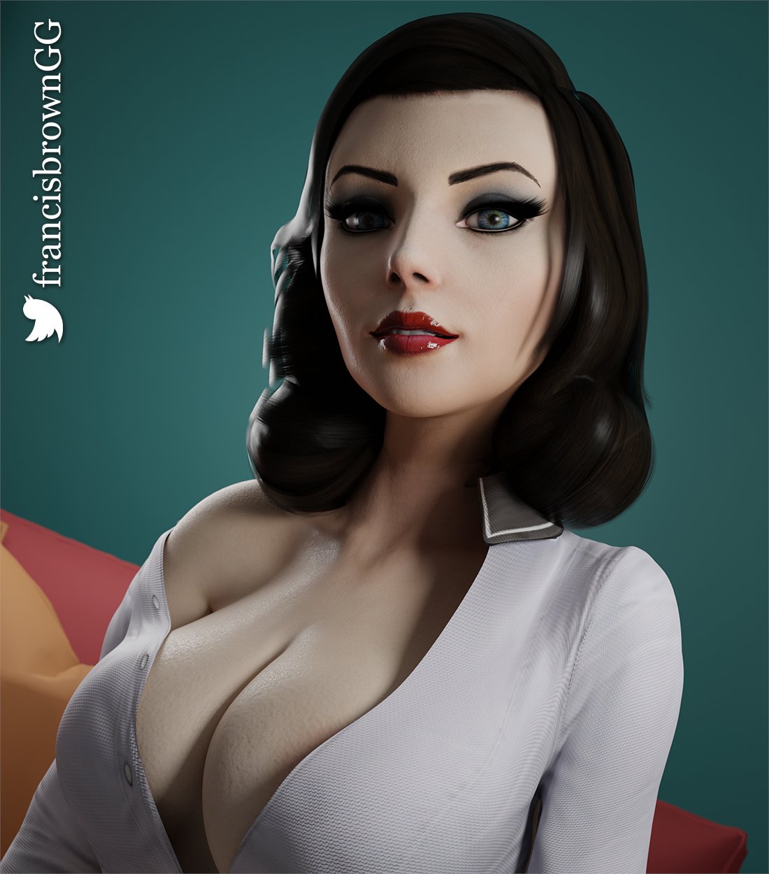 1girls 3d 3d_(artwork) big_breasts bioshock bioshock_infinite blue_eyes breasts brown_hair burial_at_sea cleavage elizabeth_comstock eyeshadow female female_only francis_brown large_breasts lipstick looking_at_viewer loose_clothes makeup mascara off_shoulder open_clothes open_shirt pale_skin red_lipstick shirt shoulder_length_hair solo unbuttoned unbuttoned_shirt