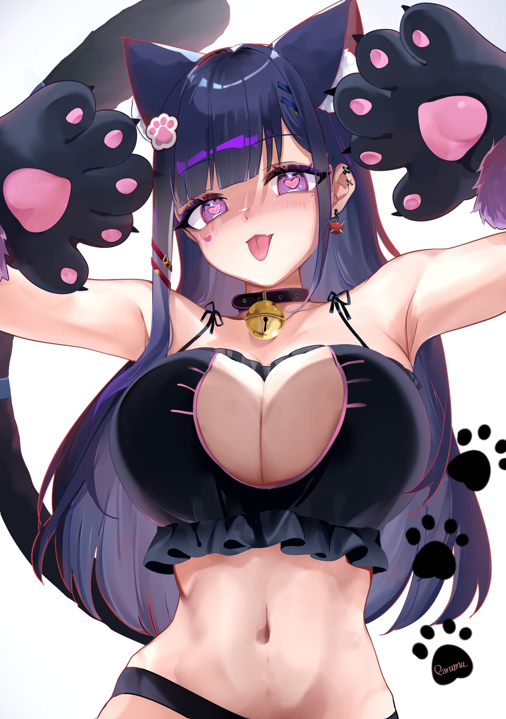 absurdres, akuma nihmune, akuma nihmune (nyami), alternate costume, animal collar, animal ears, animal hands, arms up, bell, big breasts, black bra, black collar, black panties, boob window, bra, breasts, cat cutout, cat ears, cat lingerie, cat tail, cleavage cutout, clothing cutout, collar, commentary, earrings, facial tattoo, female, frilled bra, frills, gloves, heart, heart tattoo, heart-shaped pupils, highres, huge breasts, indie virtual youtuber, jewelry, large breasts, light blush, long hair, looking at viewer, massive breasts, mole, mole under eye, navel, neck bell, panties, paw gloves, paw hair ornament, purple eyes, purple hair, red666, simple background, solo, standing, stomach, symbol-shaped pupils, tail, tattoo, tongue, tongue out, underwear, upper body, virtual youtuber, white background