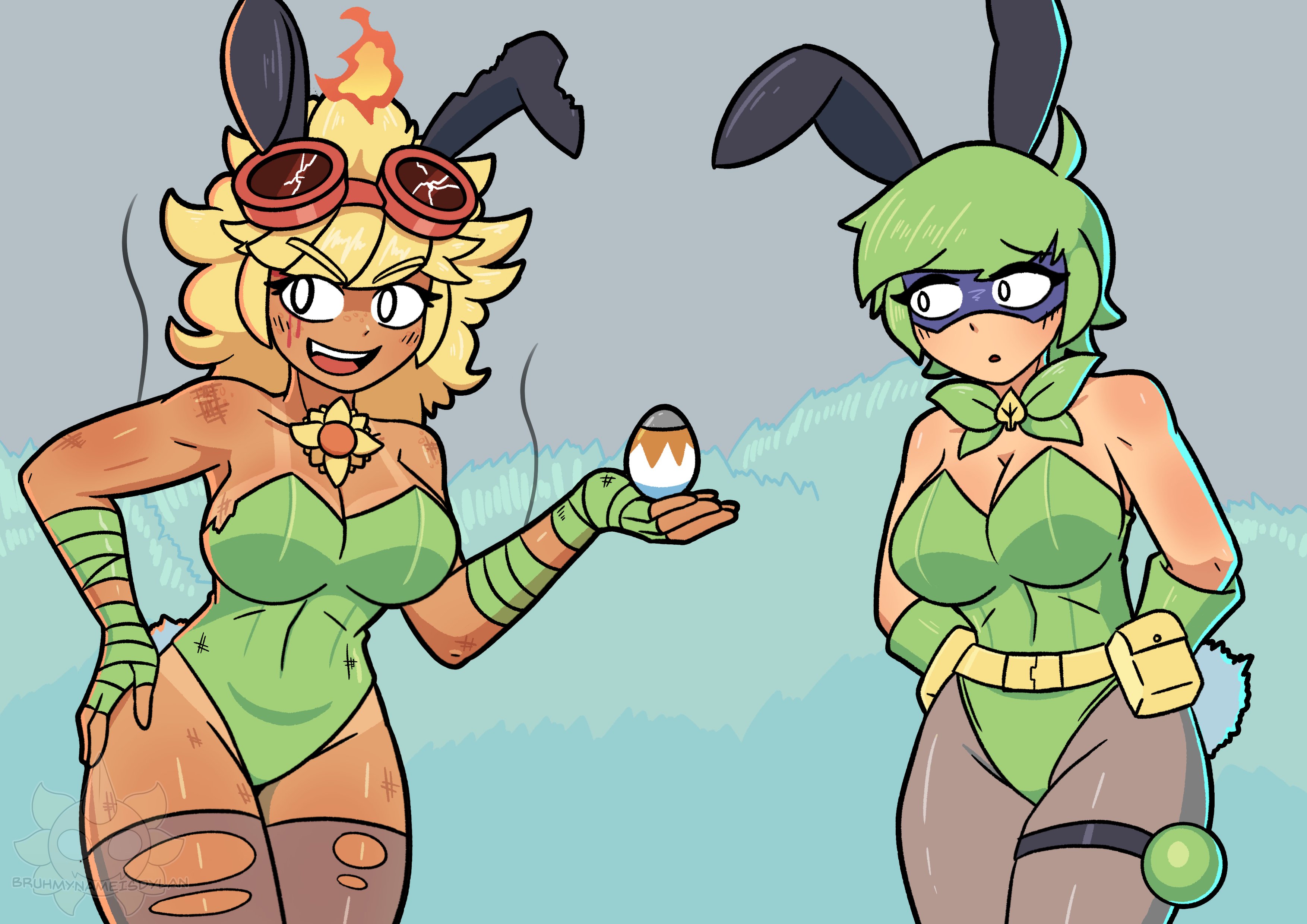 2girls, bandage, bare shoulders, belt, black eyes, blonde hair, bruhmynameisdylan, bunny ears, bunny girl, bunny tail, bunnysuit, choker, face mask, fit, fit female, gloves, green hair, green shadow (pvz), hands behind back, holding object, leggings, looking at another, looking at viewer, peashooter (pvz), plants vs zombies, short hair, slim waist, smile, smoke, solar flare (peargor), solar flare (pvz), stockings, sunflower (pvz), tagme, tan skin, thick thighs, tomboy, torn clothes, voluptuous, wide hips, worried