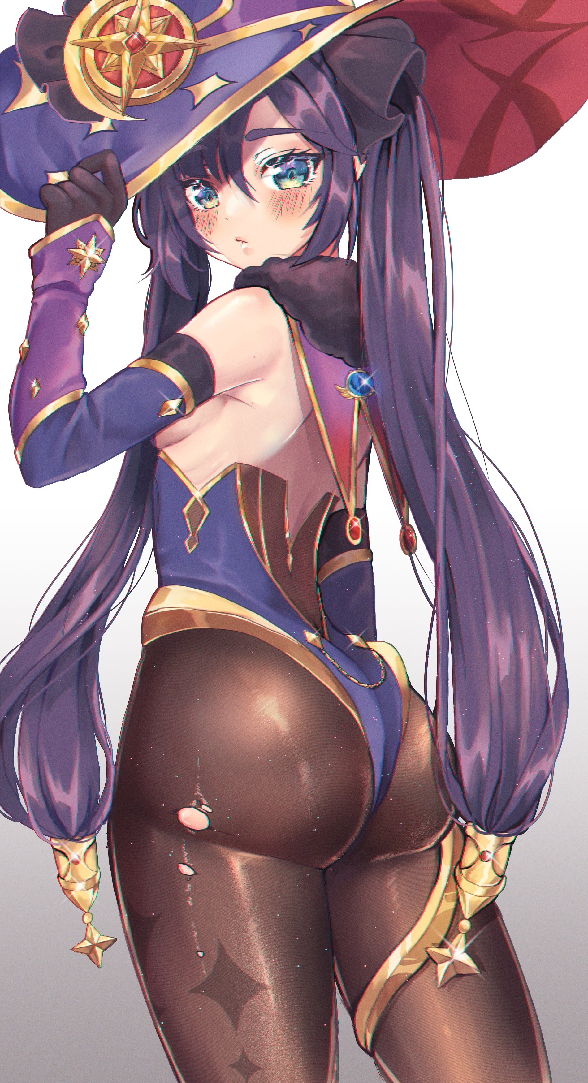 absurdres, ass, black gloves, black legwear, blue eyes, blush, bodysuit, breasts, brown legwear, closed mouth, crescent hat ornament, detached sleeves, female, genshin impact, glint, gloves, gradient, gradient background, grey background, hand up, hat, highres, huge ass, leotard, long hair, long sleeves, looking at viewer, looking back, medium breasts, mona (genshin impact), purple hair, purple headwear, purple leotard, rikuu blooming, sideboob, solo, thighlet, thighs, torn clothes, torn legwear, twintails, very long hair, witch hat