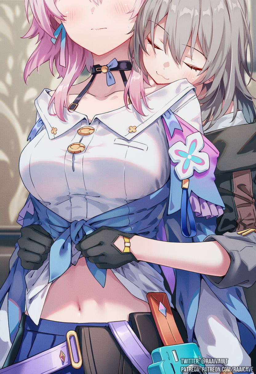 :3, 2girls, ai generated, belly, belly button, blush, closed eyes, exposed midriff, gloves, head on shoulder, honkai: star rail, lifting shirt, march 7th (honkai: star rail), medium breasts, midriff, navel, pink hair, raaicave, smile, stelle (honkai: star rail), trailblazer (honkai: star rail)
