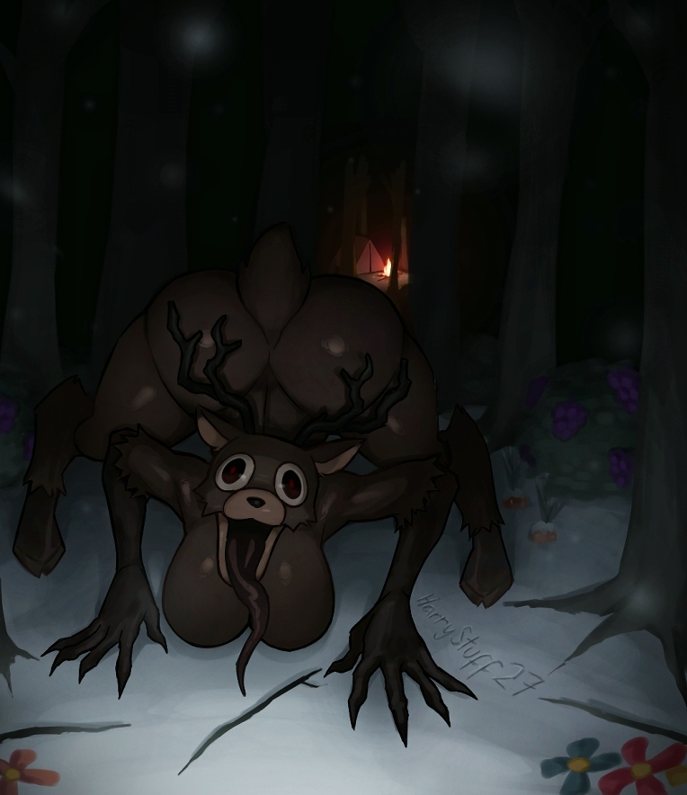 1girls, 2025, 99 nights in the forest, anthro, antlers, artist name, ass, big breasts, big butt, black eyes, black nose, breasts, brown body, brown ears, brown fur, brown tail, campfire, deer, deer (99 nights in the forest), female, forest, fur, furry, harrystuff27, horror, looking at viewer, nightmare waifu, outdoors, pov, roblox, roblox game, rule 63, short tail, snow, solo, tail, thick thighs, thighs