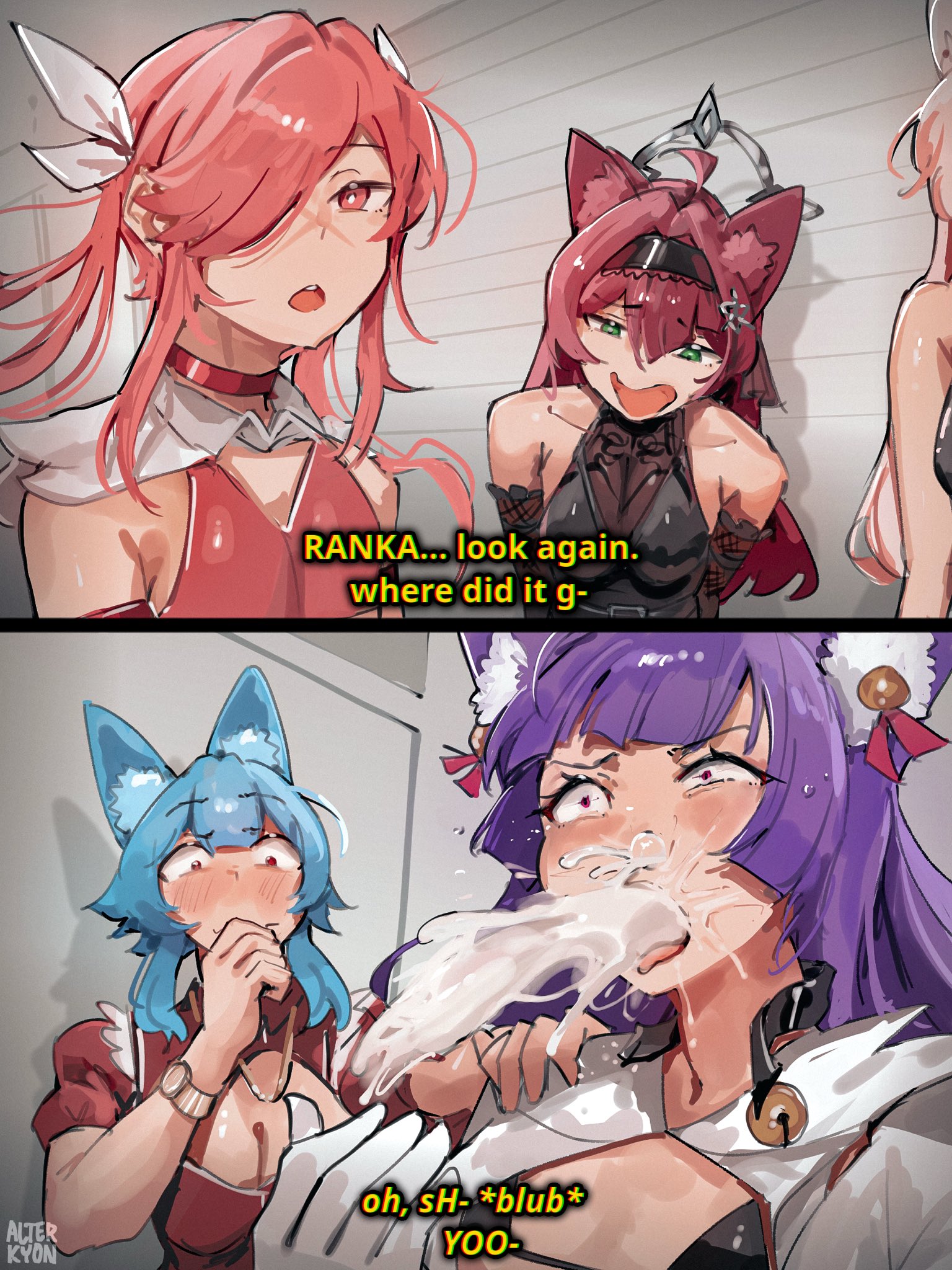 :3, 2025, 2d, 2d (artwork), alterkyon, bell, bell collar, belly, belly button, bikini, blue, blush, blushing, choker, color, colored, crossed arms, cum, cum bubble, cum in nose, dress, ejaculation, english, english commentary, english dialogue, english text, erection, erection under clothes, excessive cum, femboy, femboy only, fox ears, fox girl, funny, genital fluids, gloves, hair, kemonomimi, light skin, light-skinned female, light-skinned male, long hair, magical girl, magicorps (alterkyon), meme, micro bikini, midriff, miniskirt, multiple boys, oc, open mouth, original, original character, otoko no ko, overflowing cum, parody, pink hair, purple hair, ranka (sengote), red hair, scar, scar on face, semen, skirt, standing, tadakuni (alterkyon), tongue, twintails, vomiting cum, wolf boy