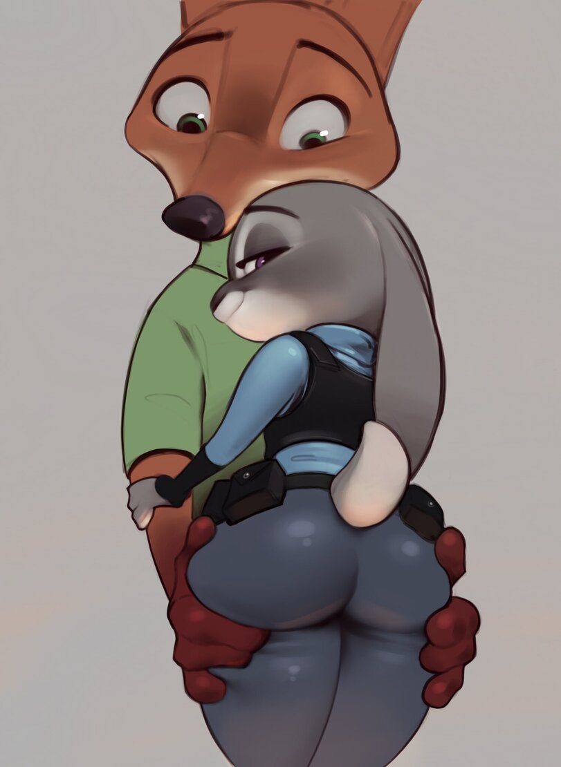 ass focus, ass grab, judy hopps, juicy butt, looking at partner, nick wilde, zootopia