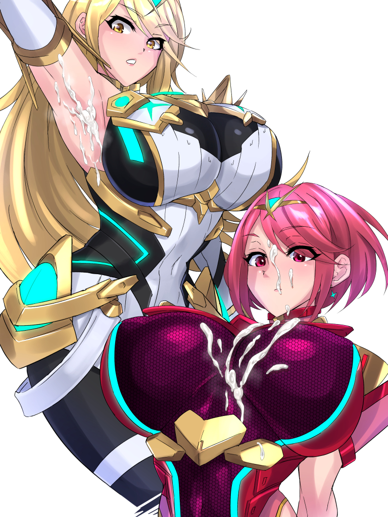 2girls, armpits, breasts, cum, cum on armpits, cum on breasts, cum on face, female, huge breasts, multiple females, multiple girls, mythra, nintendo, pyra, shiva (tairakuten), tagme, xenoblade (series), xenoblade chronicles 2