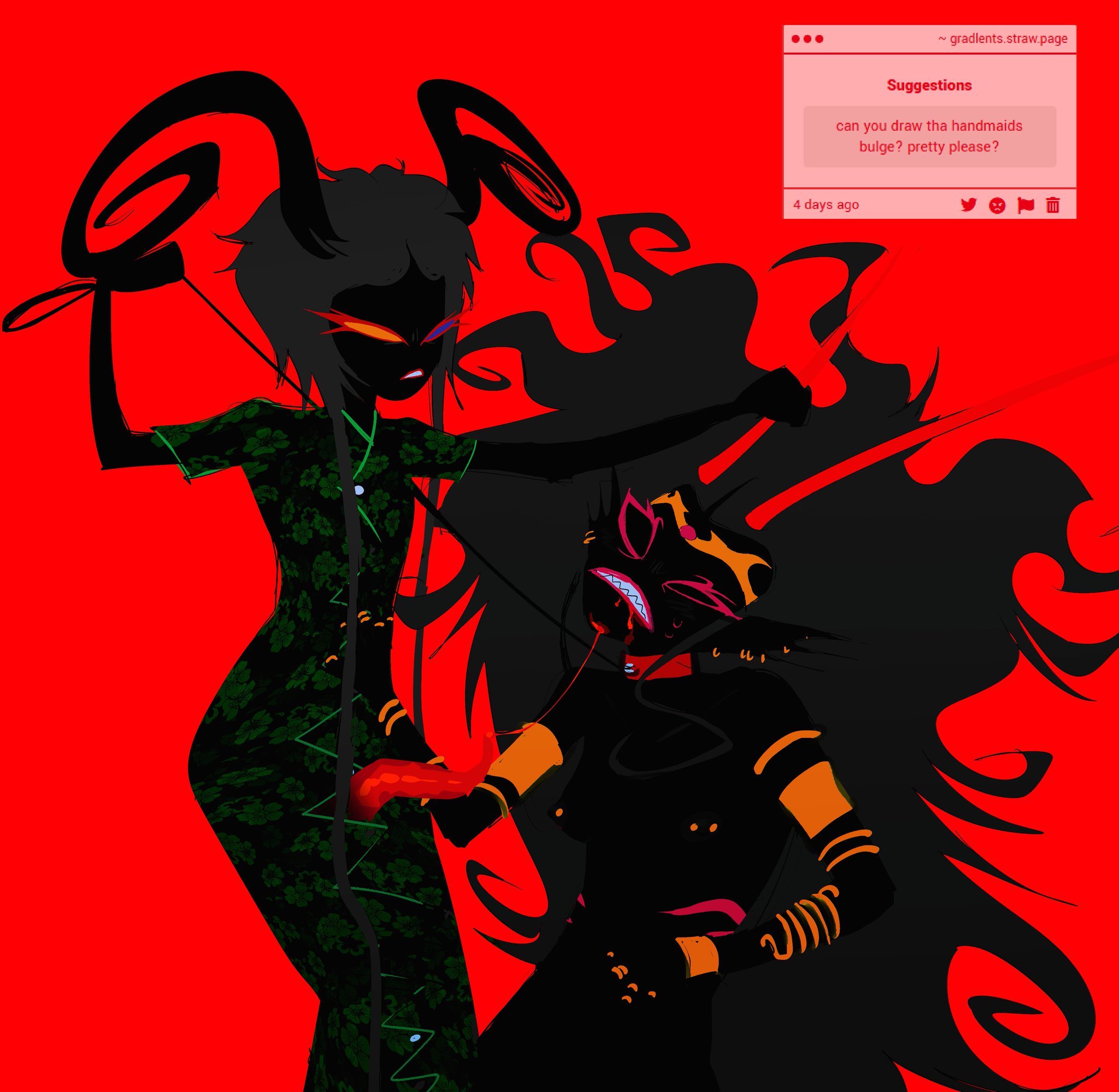 2girls, blush, damara megido, dog collar, female, futanari, homestuck, homestuck troll, leash, leash pull, ms paint adventures, piercings, pointy ears, pointy teeth, tentabulge, tentacle penis, the condesce, the handmaid, troll buldge, yuri