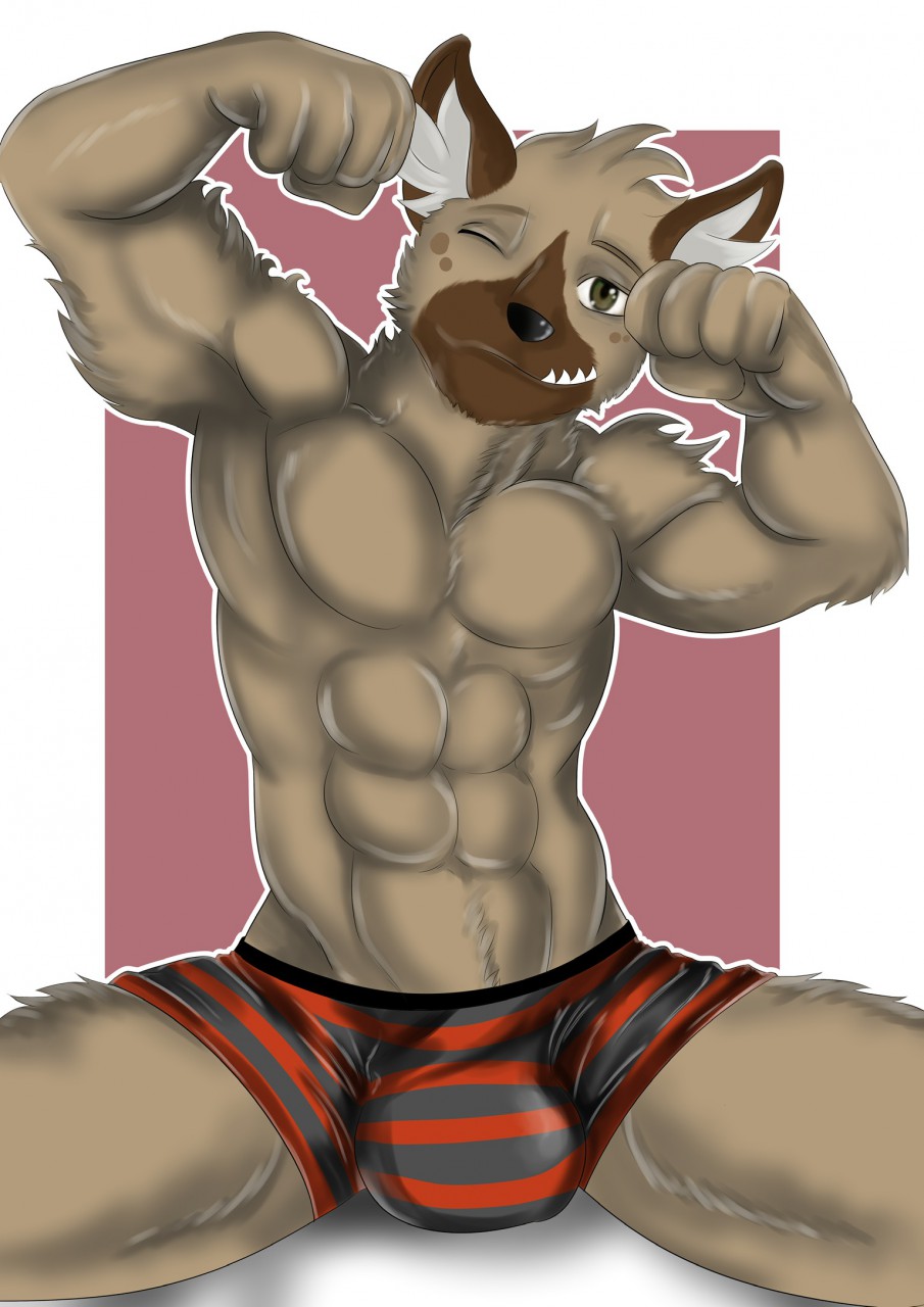 abs aggressive_retsuko anthro biceps big_bulge bulge checkhoff clothed clothing flexing gay haida hi_res hyaenid male male_only mammal muscular muscular_anthro muscular_male one_eye_closed pecs sanrio smooth_fur solo spotted_hyena topless underwear wink