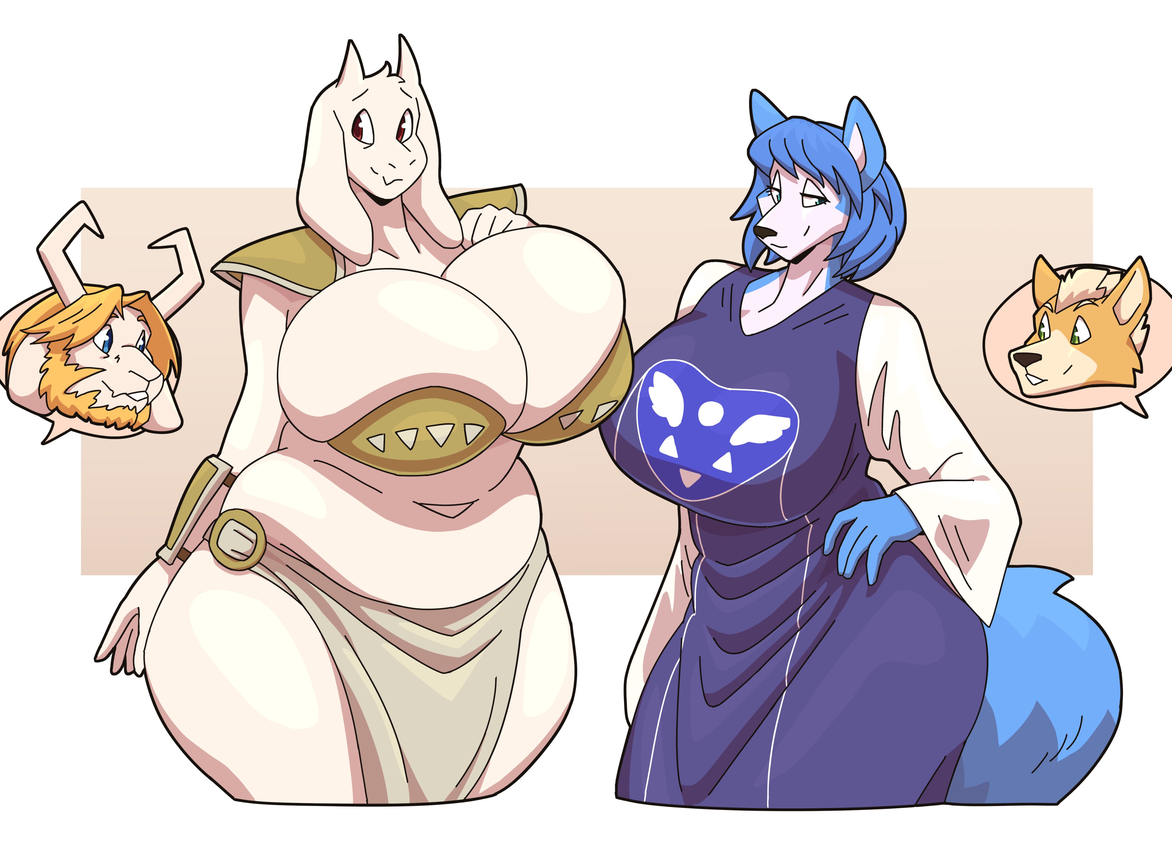 2025, 2boys, 2girls, absurd res, alternate costume, anthro, asgore dreemurr, big breasts, biped, blue body, bottomwear, bovid, breasts, canid, canine, caprine, clothed, clothing, clothing swap, crossover, duo focus, eastern and western character, female, fox, fox mccloud, fur, group, hand on hip, hi res, huge breasts, krystal, krystal (star fox), loincloth, mammal, mature female, nintendo, pupils, purple clothing, slightlysimian, smile, star fox, thick thighs, toriel, undertale, undertale (series), white body
