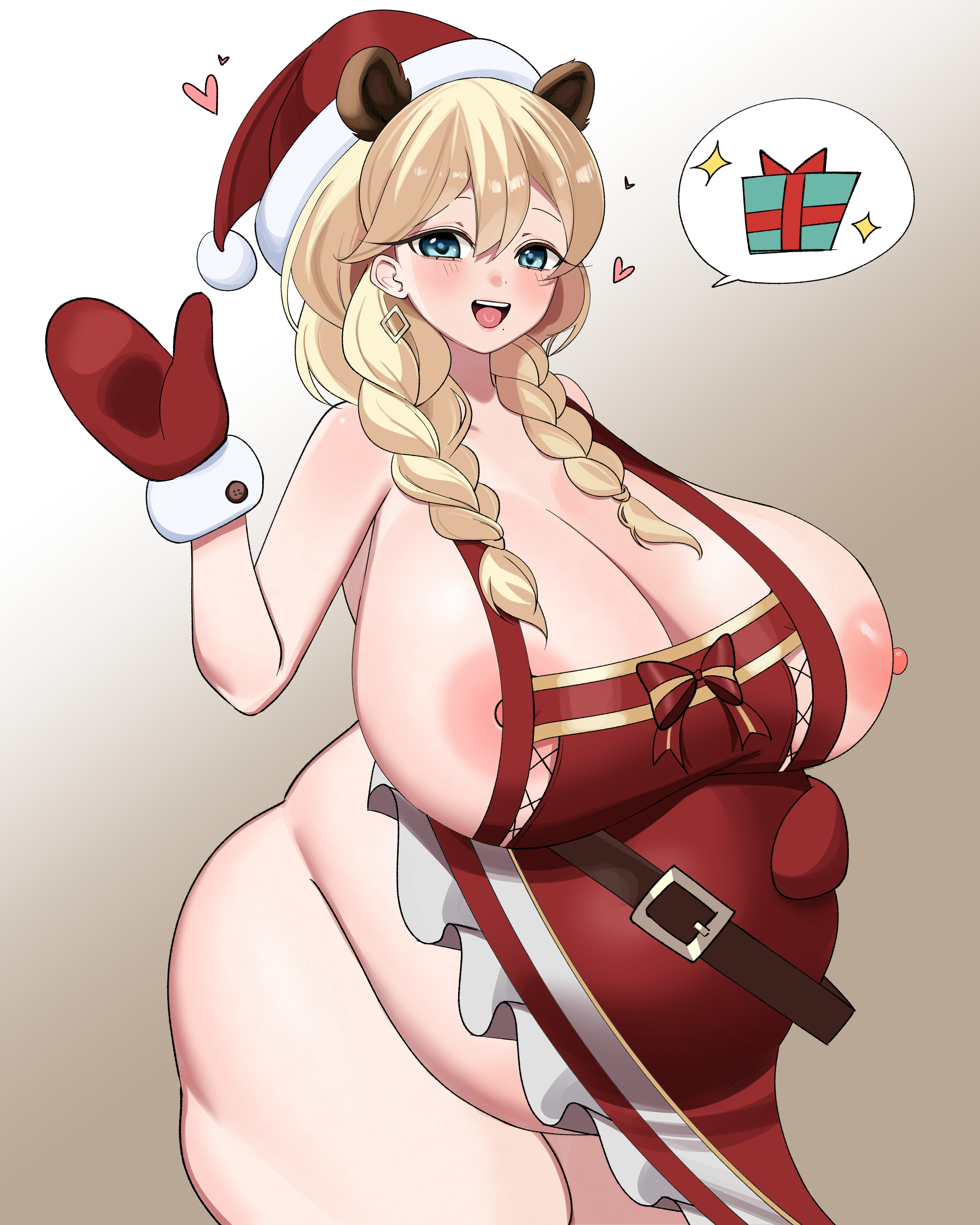 1girls, apron, apron only, areola slip, areolae, areolae slip, big breasts, bloated belly, blonde hair, blue eyes, blush, braid, braided hair, breasts, christmas, christmas clothing, christmas headwear, christmas outfit, female, female only, frigga (last origin), hachiichi (blma 52), hair, handwear, hat, headwear, heart, hips, huge breasts, mature, mature female, mature woman, milf, mittens, mole, mole under mouth, naked apron, nipple slip, one nipple out, open mouth, pregnant, pregnant belly, pregnant female, present, santa hat, smile, solo, solo female, speech bubble, spoken heart, thighs