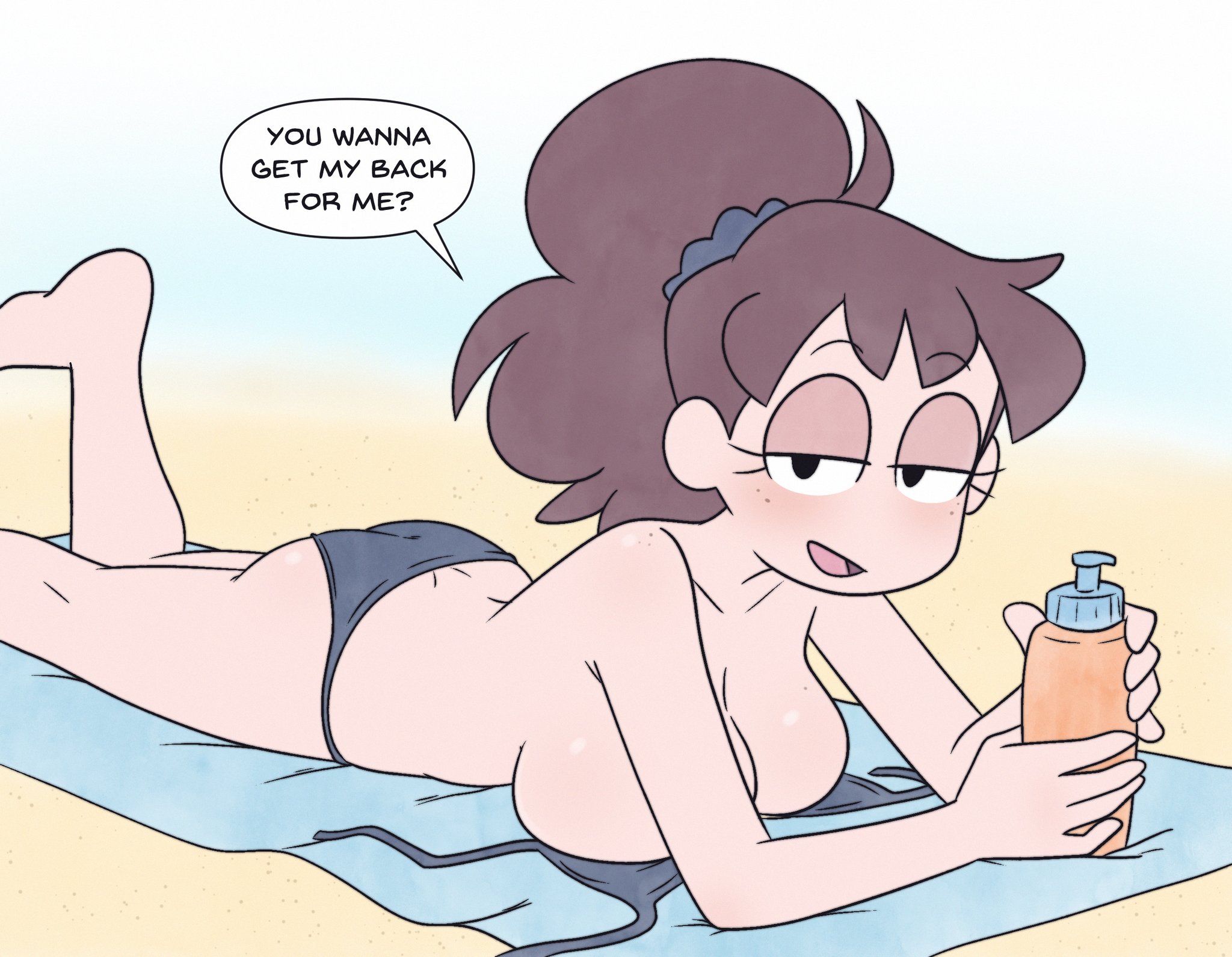 1girls, ass, avidagrem2, barefoot, big breasts, bikini top removed, breasts, brown hair, busty, come hither, day job, feet, female, female only, half-closed eyes, large breasts, legs, lily (day job), looking at viewer, lying, mob face, on stomach, ponytail, pose, posing, pov, seductive, seductive look, seductive smile, sensual, sexy, sexy pose, swimsuit, tagme, the pose, thighs, topless, untied bikini, untied bikini top, voluptuous