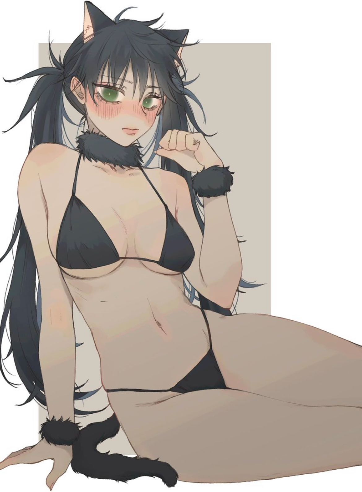 1girls, asian, asian female, belly, belly button, big thighs, bikini bottom, bikini only, bikini top, black bikini, black hair, blush, blush lines, breasts, cat ears, cat girl, cat tail, catgirl, cleavage, curvy hips, curvy thighs, cute, cute face, cute female, fat thighs, female, female only, flat belly, flat chest, flat chested, fushiguro megumi, genderswap (mtf), green eyes, hips, japanese, japanese female, juicy lips, jujutsu kaisen, legs, legs together, looking at viewer, neckwear, nice body, nice tits, pale body, pale skin, pale-skinned female, petite, petite body, petite female, plump lips, ponytails, potential man, rule 63, rule63, sexy, sexy body, sexy female, small breasts, small waist, solo, solo female, staring at viewer, tail, thicc, thicc thighs, thick thighs, thighs, tiny breasts, tiny waist, tits, tummy, underboob, v line