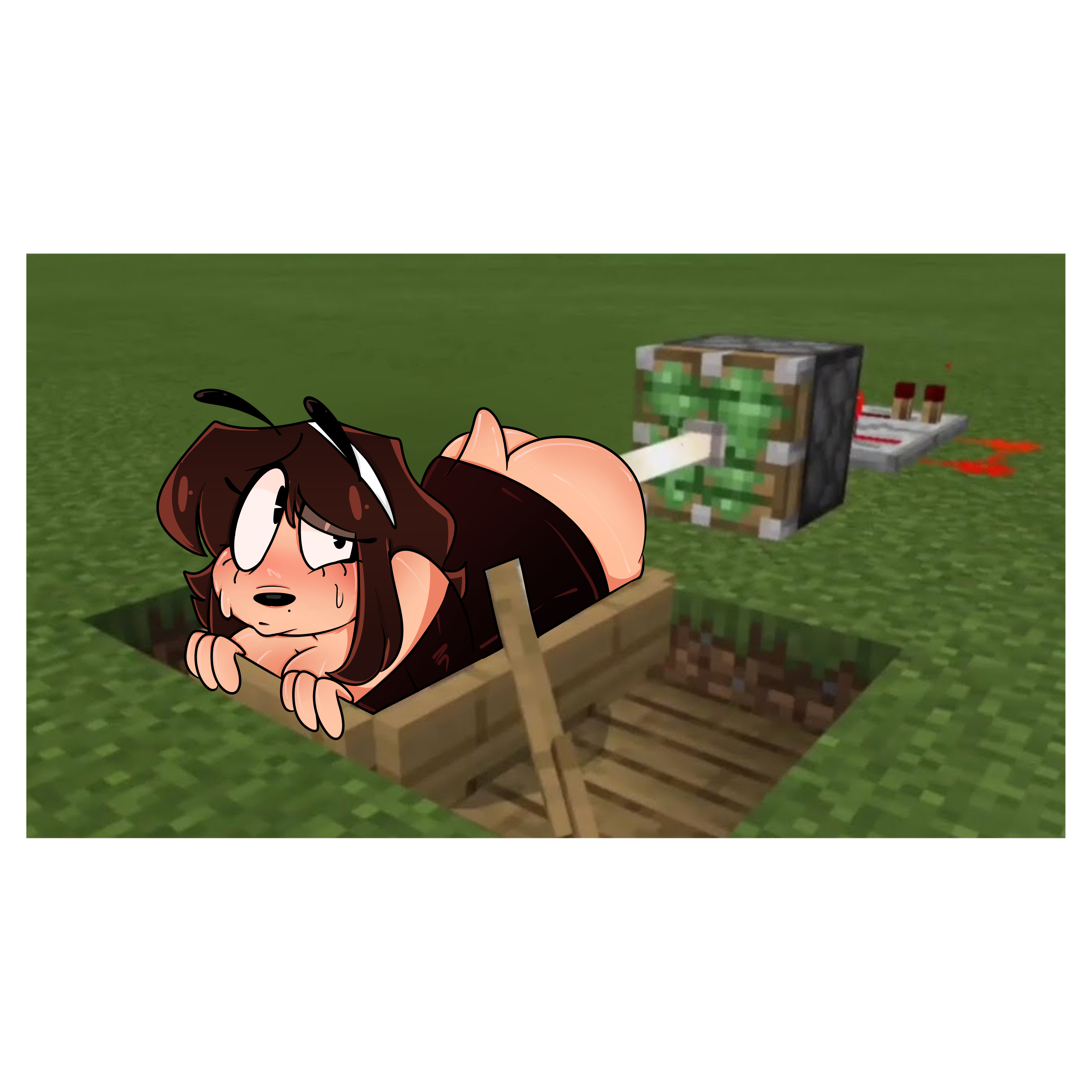 bug (kawaiiscars), cartoony, end rod, imminent penetration, implied penetration, joke art, kawaiiscars, meme, minecraft, minecraft sheep fucker machine, nervous, original character, piston (minecraft), stuck