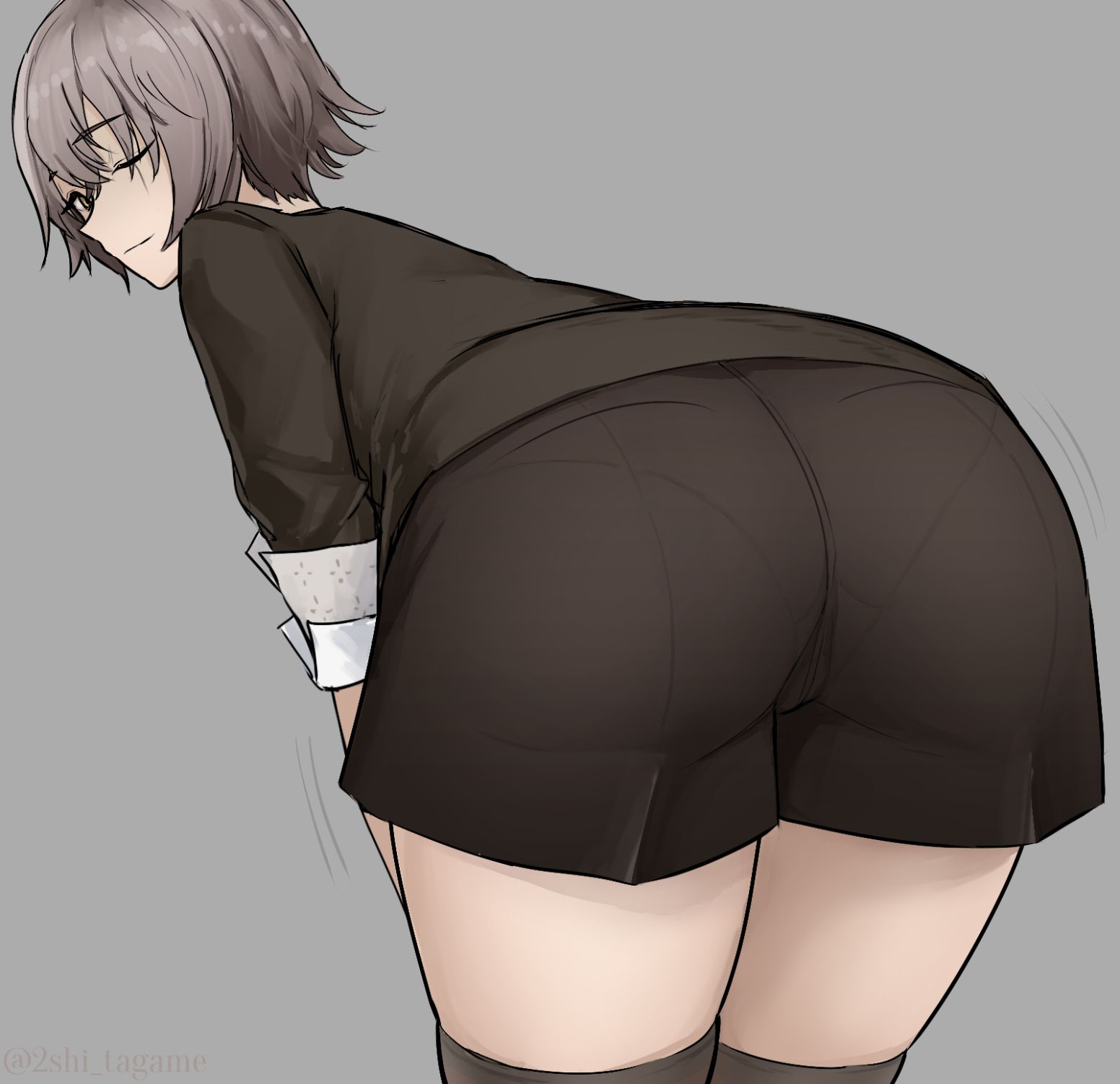 1girls, ass, ass focus, bent over, brown hair, closed mouth, cowboy shot, crotch seam, female, female only, girls' frontline, girls' frontline 2: exilium, hair between eyes, leaning forward, leva (girls' frontline 2), looking at viewer, looking back, mizukamakiri, motion lines, one eye closed, pantylines, scar, scar on face, shaking ass, shaking butt, short hair, shorts, skindentation, thighhighs, ump45 (girls' frontline)