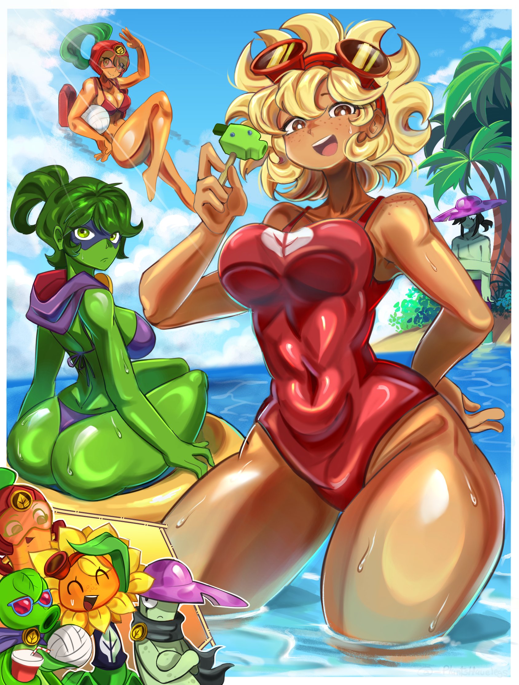  plantshavelegs, 1boy, 3girls, anthro, big breasts, blonde female, blonde hair, breasts, cleavage, cloak, female, fertilizing (artist), goggles, goggles on forehead, goggles on head, green shadow (pvz), human, humanoid, mask, masked female, one-piece swimsuit, peashooter (pvz), plant, plant girl, plant humanoid, plants vs zombies, plants vs zombies: heroes, plants vs. zombies, popcap games, short hair, solar flare (peargor), solar flare (pvz), sunflower (pvz), swimsuit, thick thighs, thighs, wide hips