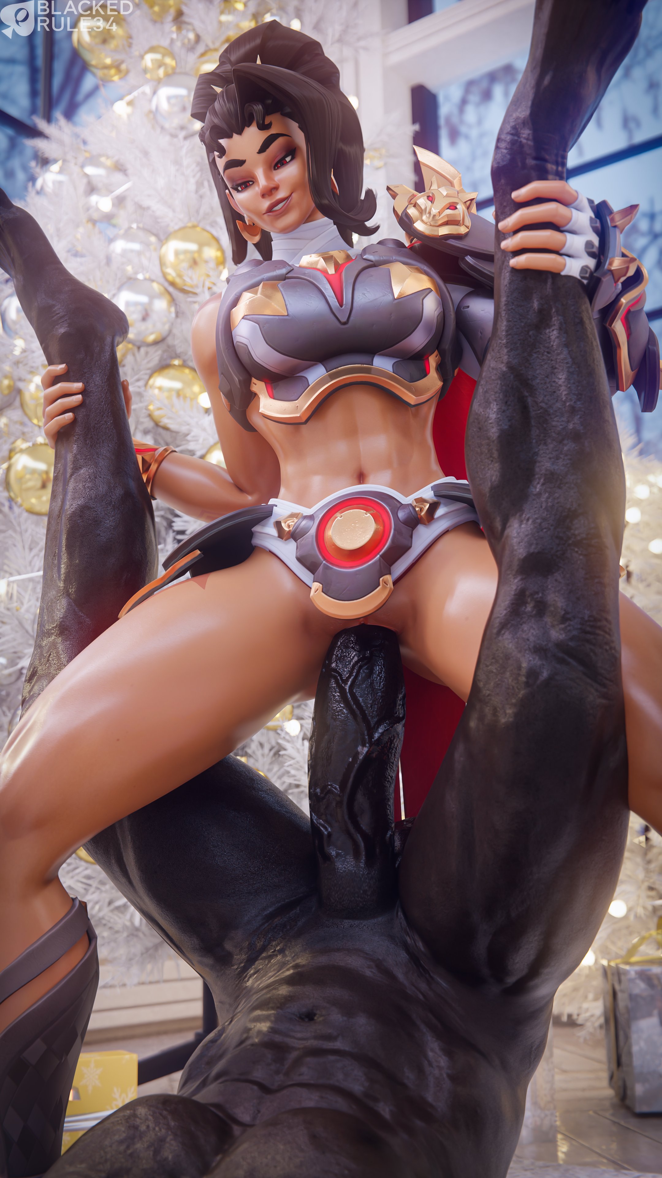 3d, 3d (artwork), abs, amused, big penis, blackedr34, dark skin, dark-skinned female, dark-skinned male, huge cock, interracial, interracial sex, looking at partner, overwatch, overwatch 2, smiling, standing, vendetta, watermark