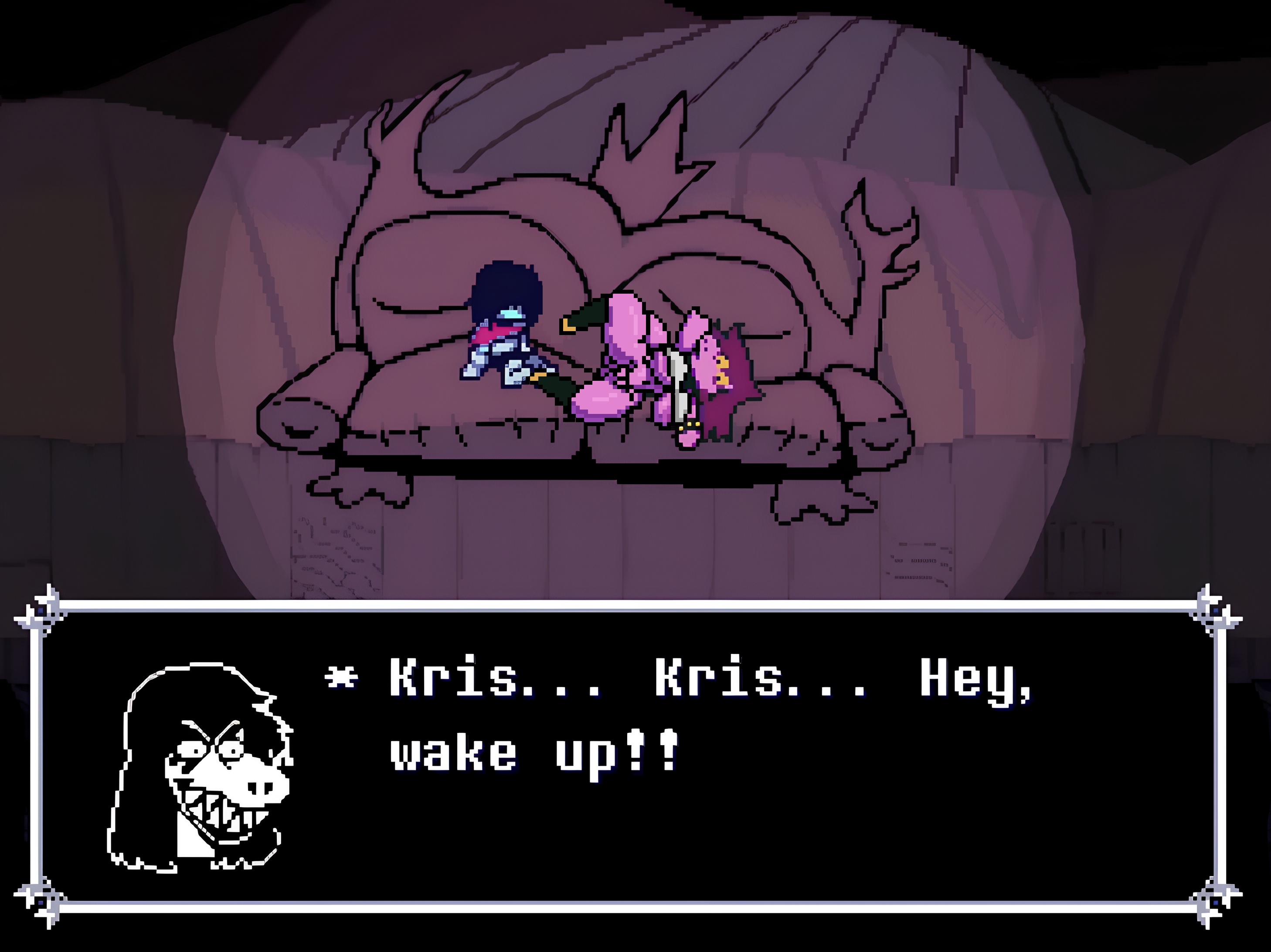 deltarune, editorl, english text, huge ass, huge breasts, kris (deltarune), pixel art, susie (deltarune), text, undertale (series), useless clothing