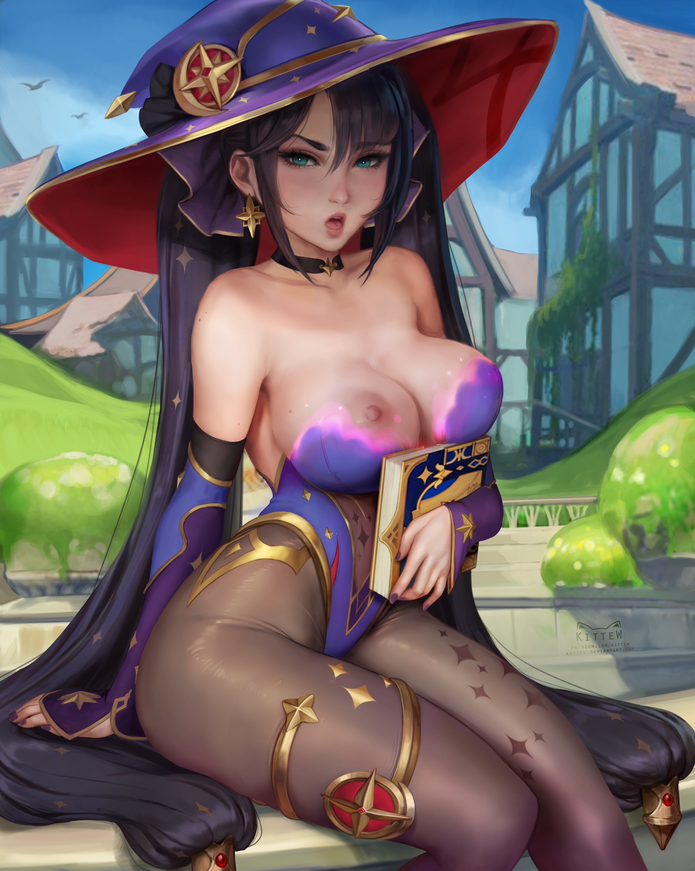angry, angry face, areola slip, areolae, big breasts, black hair, blue eyes, book, breasts, breasts out, curvaceous, curvy, curvy figure, dark purple hair, disappearing clothes, embarrassed, embarrassed female, female, female only, genshin impact, gold jewelry, hair ribbon, jewelry, kittew, leotard, long hair, looking at viewer, magic, magic user, magical girl, mona (genshin impact), outdoors, pantyhose, purple clothing, purple hair, revealing, revealing breasts, sitting, solo, star, star (symbol), topless, topless female, very long hair, witch hat