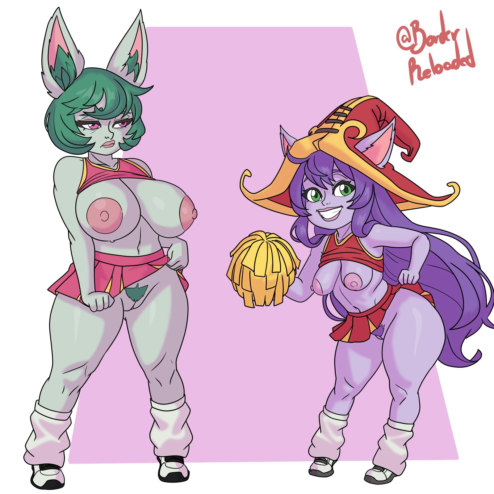 2d, 2girls, borderreloaded, busty, cheerleader, cheerleader uniform, female, female focus, female only, hourglass figure, league of legends, lulu the fae sorceress, pointy ears, shortstack, tagme, vex (league of legends), wide hips, yordle