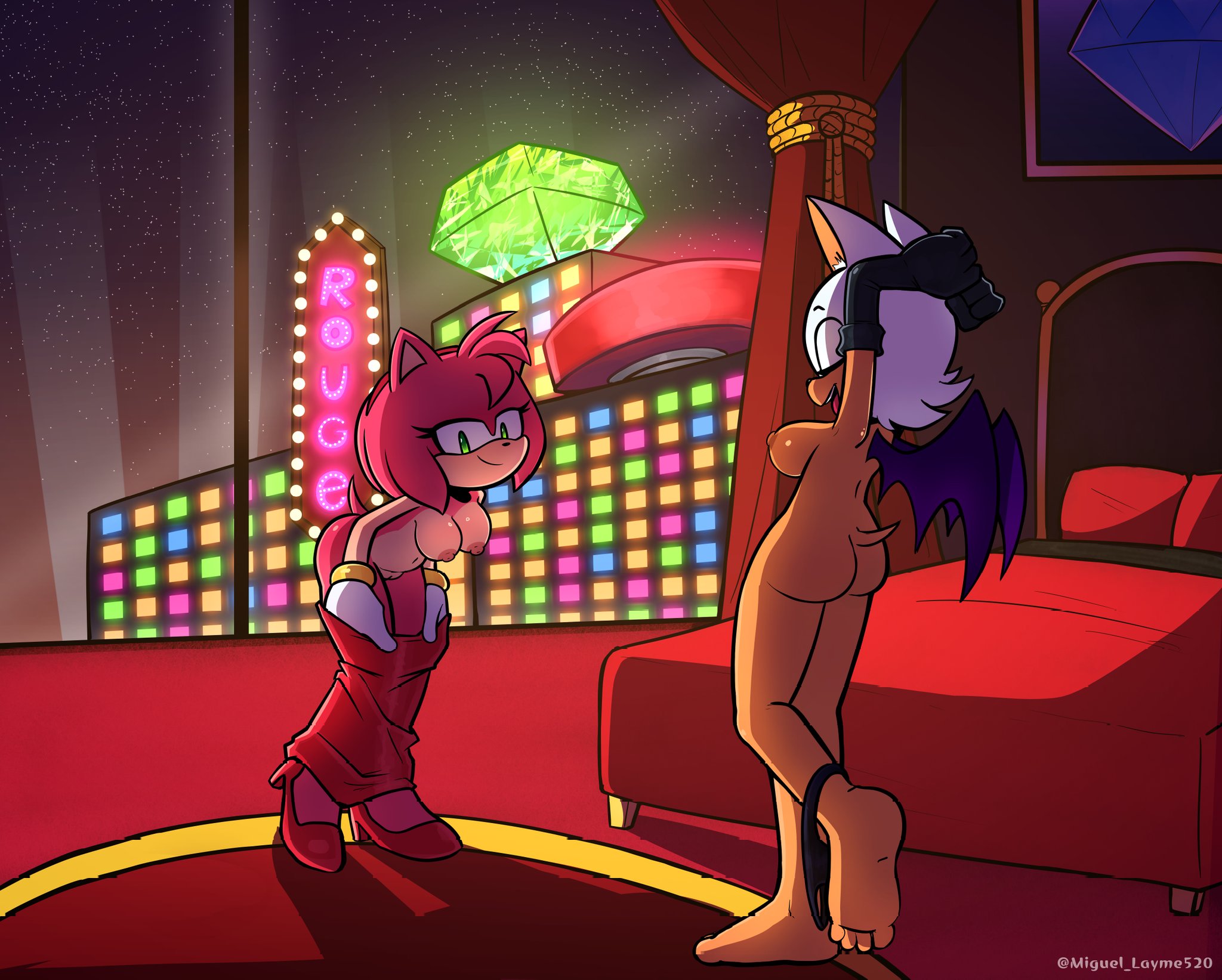 2girls, amy rose, anthro, anthro only, areolae, bat, bed, bedroom, black gloves, black panties, bracelets, breasts, clothed, clothes, clothing, commission, duo, duo female, eulipotyphlan, female, female focus, female only, fur, getting undressed, glass, gloves, green eyes, hairband, hedgehog, heels, mammal, miguel layme, nipples, panties, panties around one leg, pink fur, pussy, red bed, red hairband, red heels, rouge the bat, sega, sonic (series), sonic the hedgehog (series), tail, taking clothes off, taking off panties, undressing, vagina, white gloves, window, wings