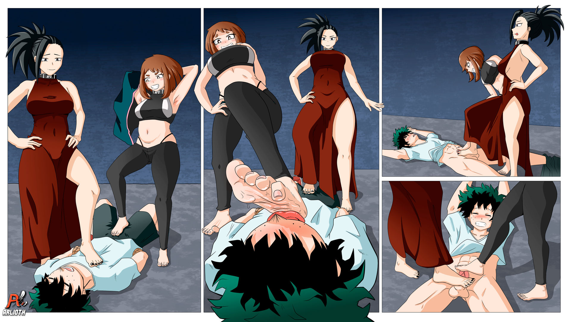 1boy, 2girls, arlioth, assertive, assertive female, bad end, barefoot, boku no hero academia, comic, cooperative footjob, defeat sex, defeated, defeated hero, defeated male, deku, denki anma, dominant female, dress, female pervert, femdom, foot domination, foot fetish, foot slave, footjob, footjob over clothes, forced footjob, humiliation, imminent rape, izuku midoriya, malesub, midoriya izuku, momo yaoyorozu, my hero academia, ochaco uraraka, ochako uraraka, sadistic female, slave boy, stepped on, stepping on penis, submissive male, teamwork, trample, trampling, uraraka ochaco, uraraka ochako, uravity, villain, villain on hero, villainess, villainess on hero, weak, weak male, yaoyorozu momo
