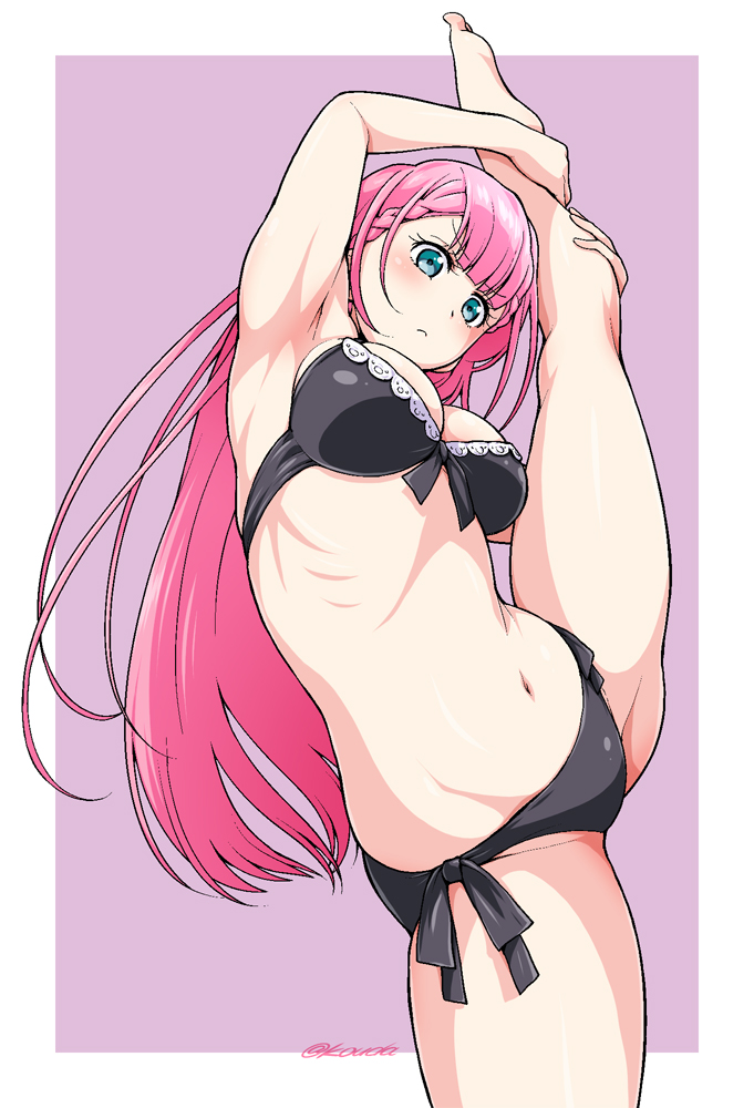 1girls, barefoot, bokutachi wa benkyou ga dekinai, bra, female, female only, kirisu mafuyu, long hair, mostly nude, panties, pink hair, side-tie panties, solo, splits, standing, standing on one leg, teacher, underwear, vertical splits