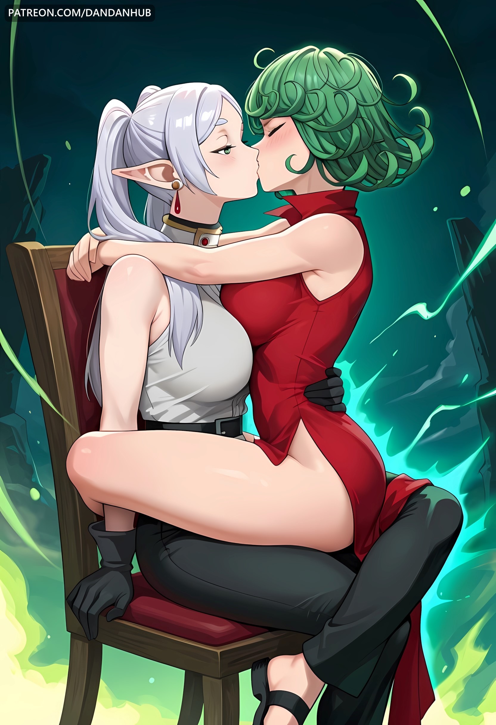 2girls, ai generated, aura, bare shoulders, belt, black gloves, black pants, blush, breast press, breasts, chair, closed eyes, crossover, curly hair, dandanhub, dress, earrings, elf, female, female only, frieren, frieren beyond journey's end, gloves, green eyes, green hair, grey hair, hug, jewelry, kissing, large breasts, long hair, multiple girls, one-punch man, pants, pointy ears, ponytail, red dress, shirt, short hair, side slit, sitting, sitting on lap, sitting on person, sleeveless, sleeveless shirt, sousou no frieren, straddling, tatsumaki, telekinesis, thighs, twintails, watermark, web address, white shirt, yuri
