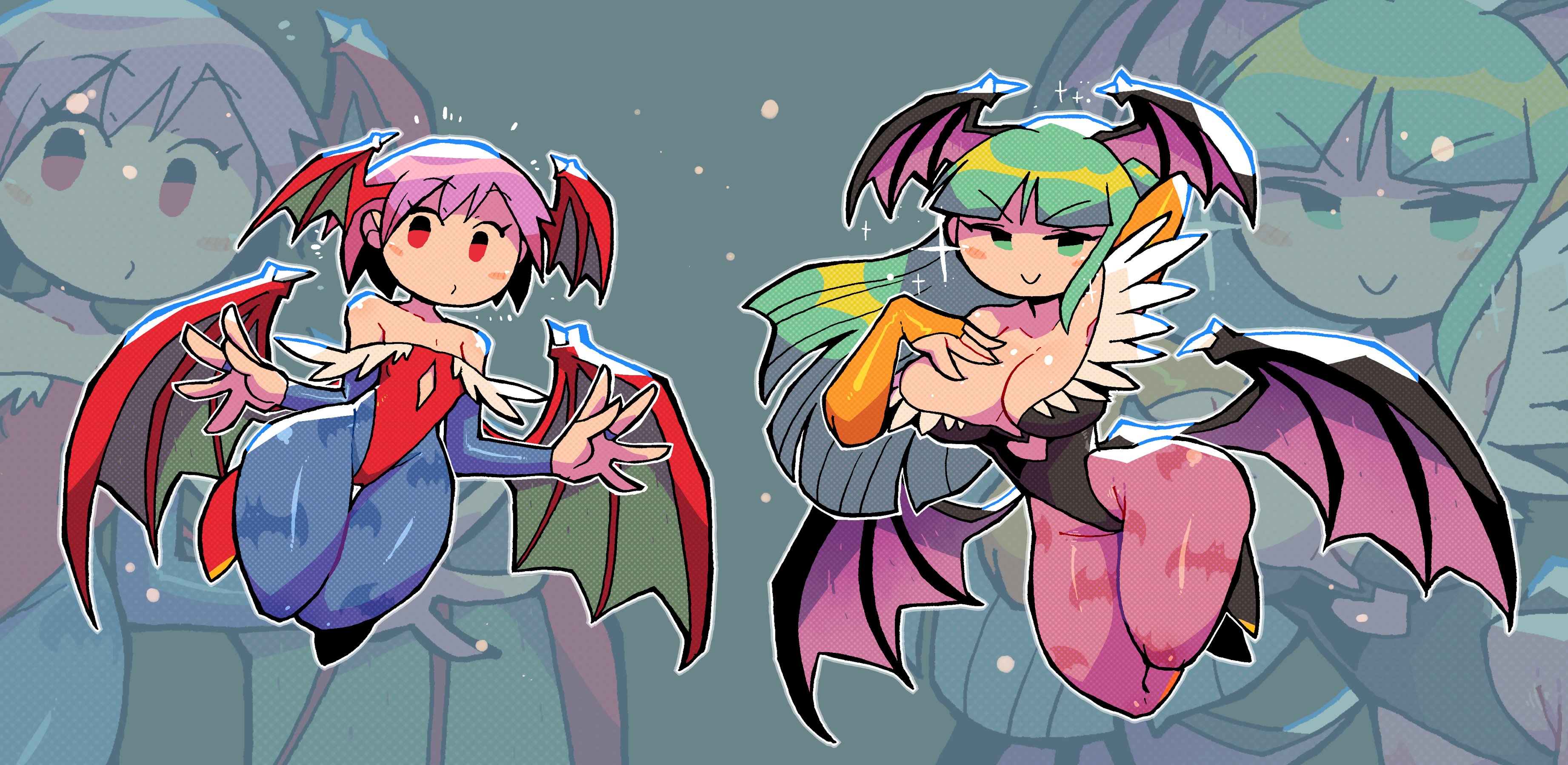 2021, 2girls, bare shoulders, bat wings, big breasts, bottom heavy, breasts, capcom, cleavage, clothed, clothing, crap-man, darkstalkers, demon, female, flat chest, fully clothed, green eyes, green hair, half-closed eyes, head wings, humanoid, lilith aensland, medium breasts, morrigan aensland, pale skin, pink hair, red eyes, sisters, succubi, succubus, succubus wings, tagme, thick, thick thighs, thin waist, wide hips