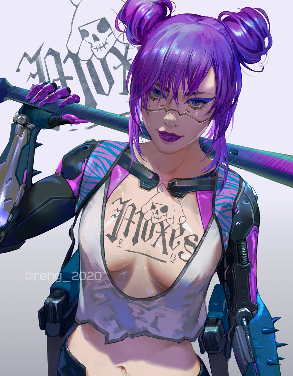 1girls 2d abs baseball_bat blue_eyes blue_eyeshadow breasts cd_projekt_red chest_exposed chest_tattoo cleavage cyberpunk cyberpunk_2077 cyborg double_bun egirl eyebrows female female_focus female_only fringe front_view light-skinned_female light_skin lipstick long_hair looking_at_viewer makeup pale_skin purple_hair purple_lipstick rehg_2020_(hage) rita_wheeler robotic_arms seductive_eyes short_shirt simple_background small_breasts solo_female standing tattoo violet_hair weapon weapon_over_shoulder white_shirt