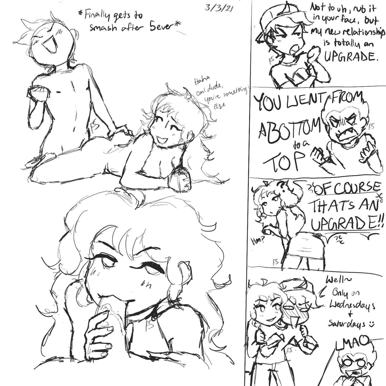 bisexual, blowjob, boyfriend (friday night funkin), comic, dialogue, english dialogue, english text, eye contact, fellatio, female, friday night funkin, funny, girlfriend (friday night funkin), humor, male, mob face, monochrome, nude, nude female, nude male, oral, pico (newgrounds), sketch, slickfire135, straight, text