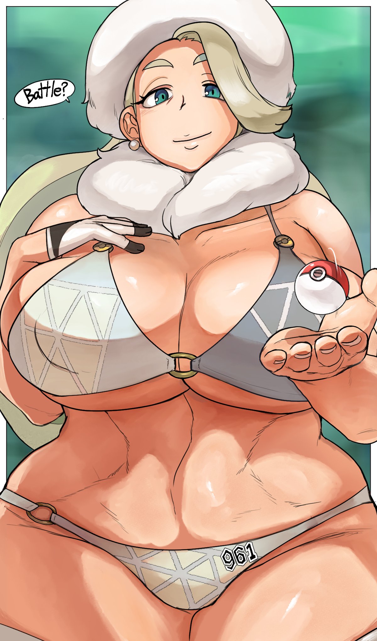 1girls, areola slip, areolae, armwear, big breasts, bikini, bikini bottom, bikini top, black nail polish, black nails, blue eyes, bottomwear, breasts, cleavage, ear piercing, earrings, english text, female, female only, fur collar, fur hat, game freak, grey bikini, hair, hat, headwear, highres, hips, huge breasts, hunter rank e, large breasts, lips, long hair, mature, mature female, mature woman, melony (pokemon), milf, mother, multicolored bikini, multicolored hair, nail polish, nails, nintendo, one eye closed, parted lips, plump, pokemon, pokemon ss, pokemon swsh, smile, solo, solo female, steam, steaming body, steamy, streaked hair, sweat, sweaty, swimsuit, swimwear, thighs, topwear, two-tone bikini, ushanka, voluptuous, voluptuous female, white bikini, white hair, white hat, wink, winking