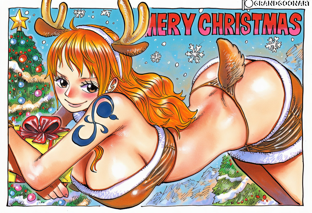 1girls, accurate art style, ai generated, arm tattoo, big breasts, blue tattoo, breasts, christmas, christmas clothing, christmas outfit, christmas present, female, female focus, female only, grandgoonart, holidays, juicy lips, kissing, lips, lipstick, manga, manga cover, manga page, manga style, median furrow, nami (one piece), one piece, orange hair, orange-haired female, patreon, patreon username, saliva, santa costume, santa hat, shonen jump, solo, solo female, solo focus, tattoo