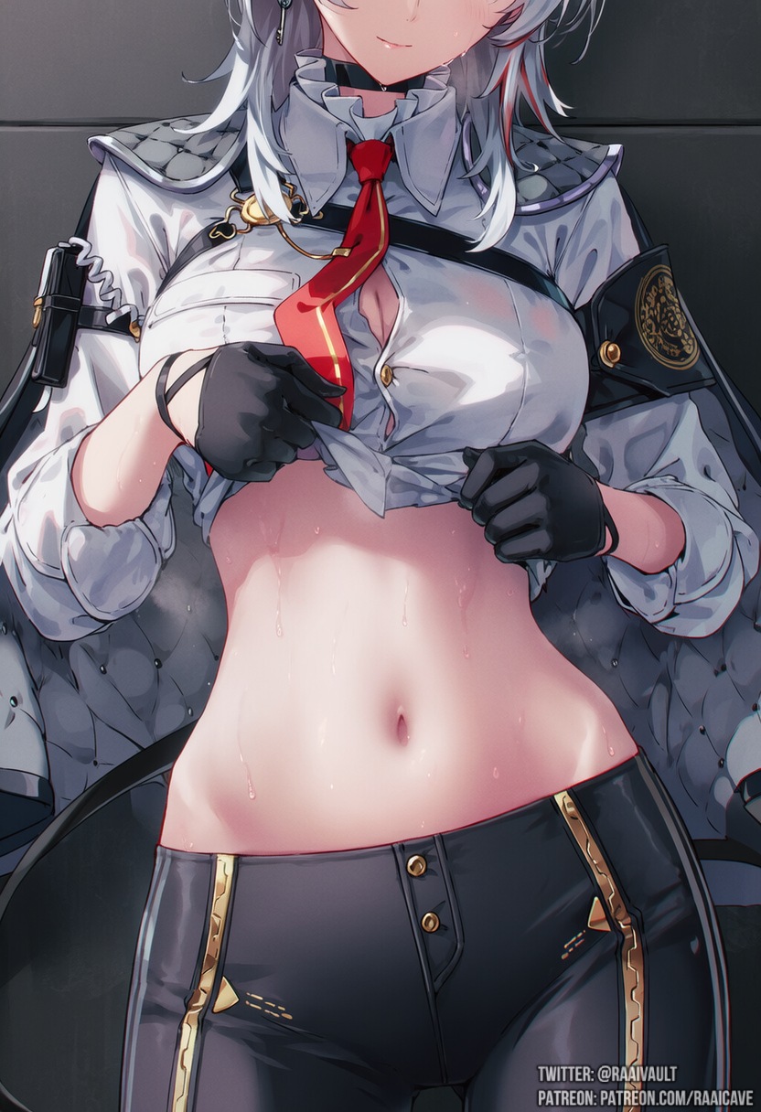 ai generated, belly, belly button, cleavage, exposed belly, exposed midriff, gloves, hips, lifting shirt, medium breasts, midriff, navel, pants, raaicave, sweat, white hair, wuthering waves, zani (wuthering waves)