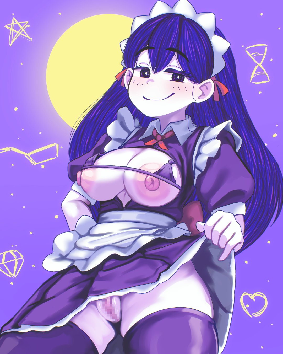1girls, blush, breasts, clothing, dress, exposed breasts, exposed pussy, female, long hair, maid, maid outfit, mari (omori), neroshi, nipples, omori, pussy, smile, spread legs, thighhighs, tits, tits out