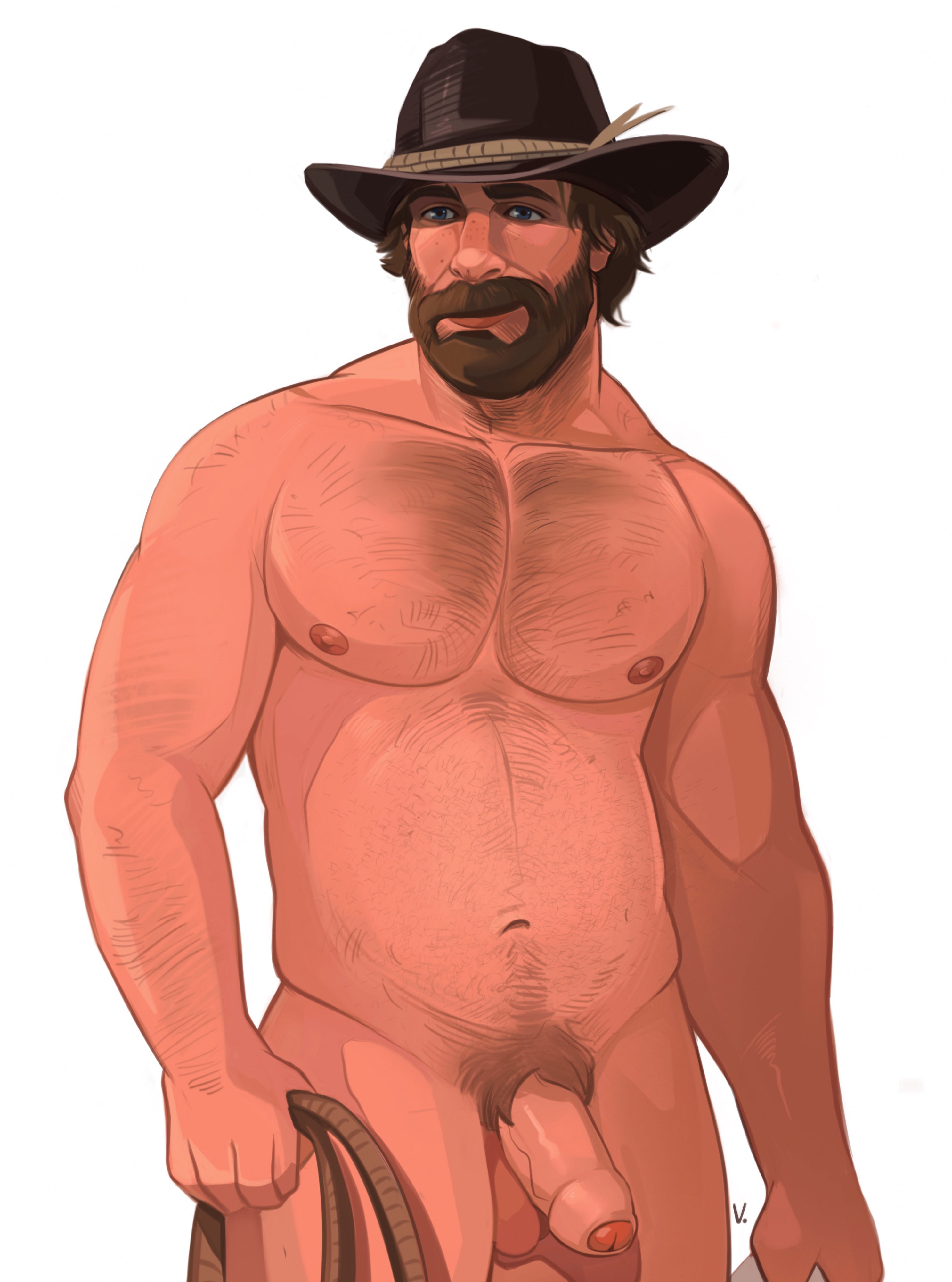 arthur morgan, bear (body type), big penis, cowboy hat, daddy, gay, jeffrf, looking at viewer, looking pleasured, male, male only, muscular, muscular male, penis, red dead redemption (series), red dead redemption 2