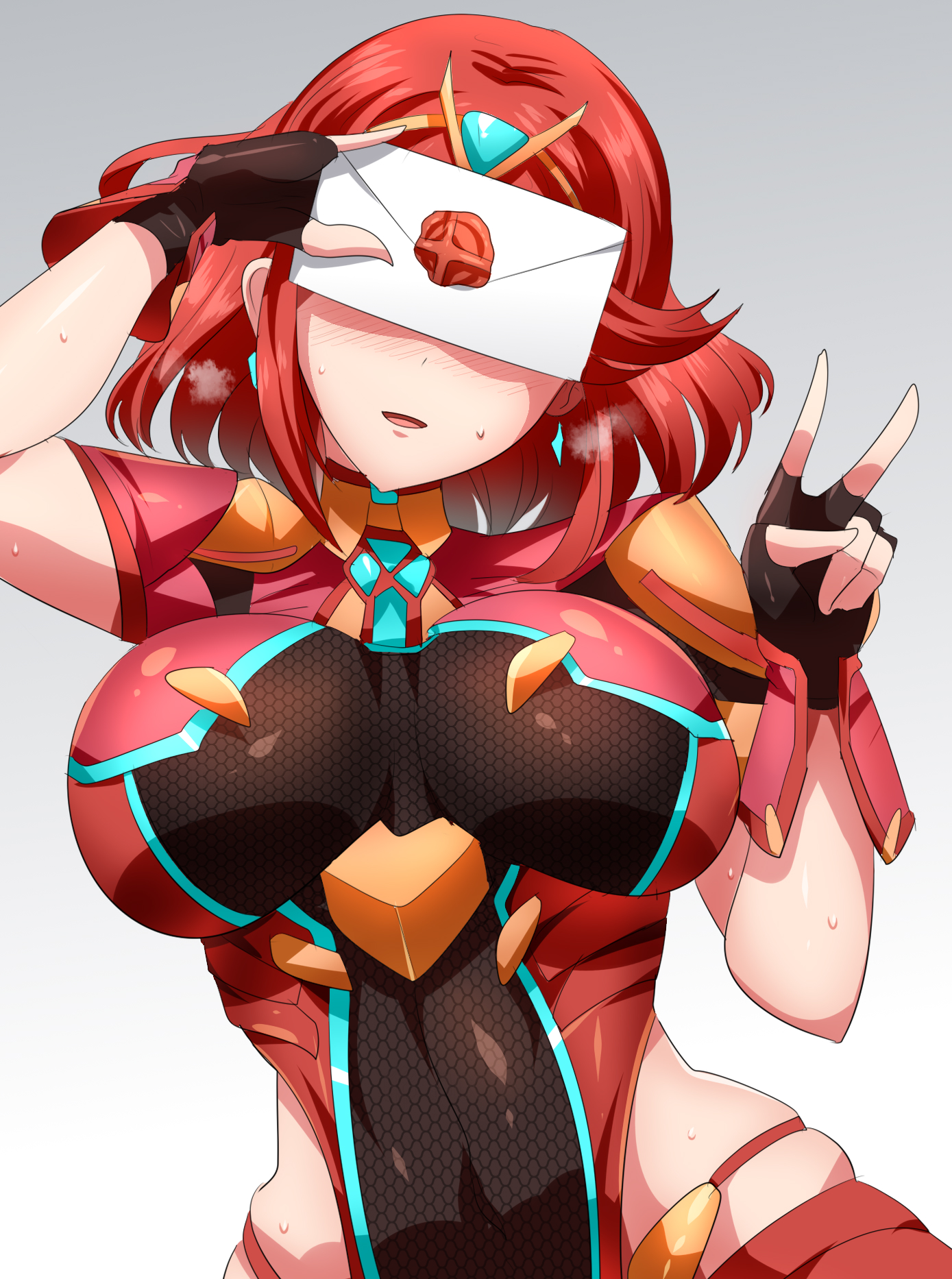 1girls, breasts, covering eyes, embarrassed, envelope, female, fully clothed, invitation, letter, magukappu, nervous, nervous smile, nintendo, pyra, smash invitation, smile, solo, super smash bros., v, xenoblade (series), xenoblade chronicles 2